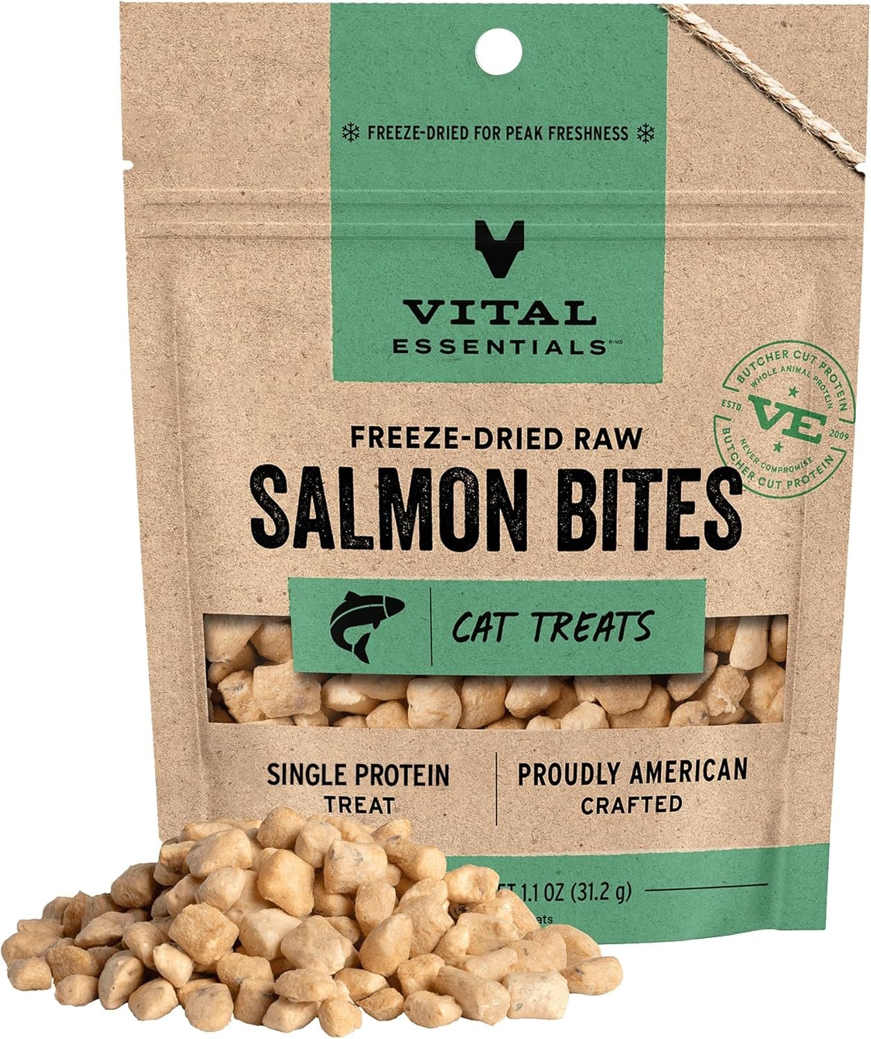 Vital Essentials Freeze Dried Cat Treats | Salmon Bites, Single Protein | Premium Quality | Grain Free, Crunchy Cat Treats, 1.1 oz Bag