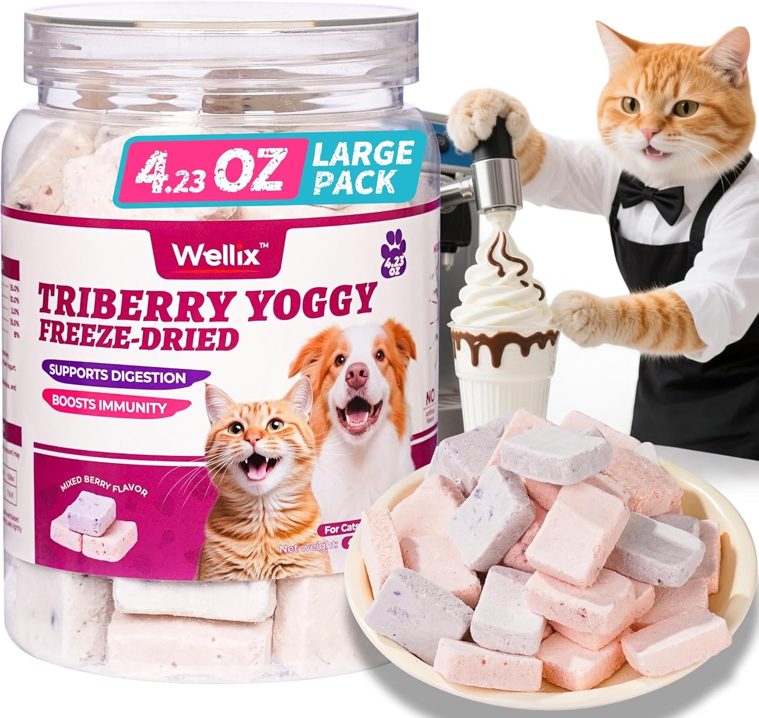Wellix 4.23oz Natural Freeze-Dried Snacks for Dog & Cat – Triberry Yoggy Cat Yogurt Treats with Chicken Flavor & Real Fruits – Support Digestive & Immune Health Cats Food Toppers