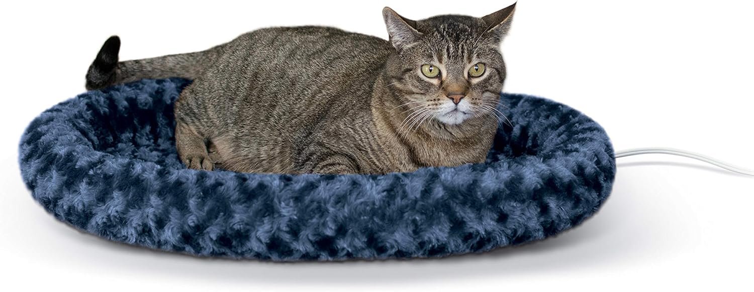 K&H Pet Products Bolster Heated Cat Bed for Indoor Cats, Thermo-Kitty Fashion Splash Orthopedic Foam Heated Pet Bed for Large Cats, Dogs, Waterproof Pet Heater, Safety Listed – Large 16 X 22in Blue