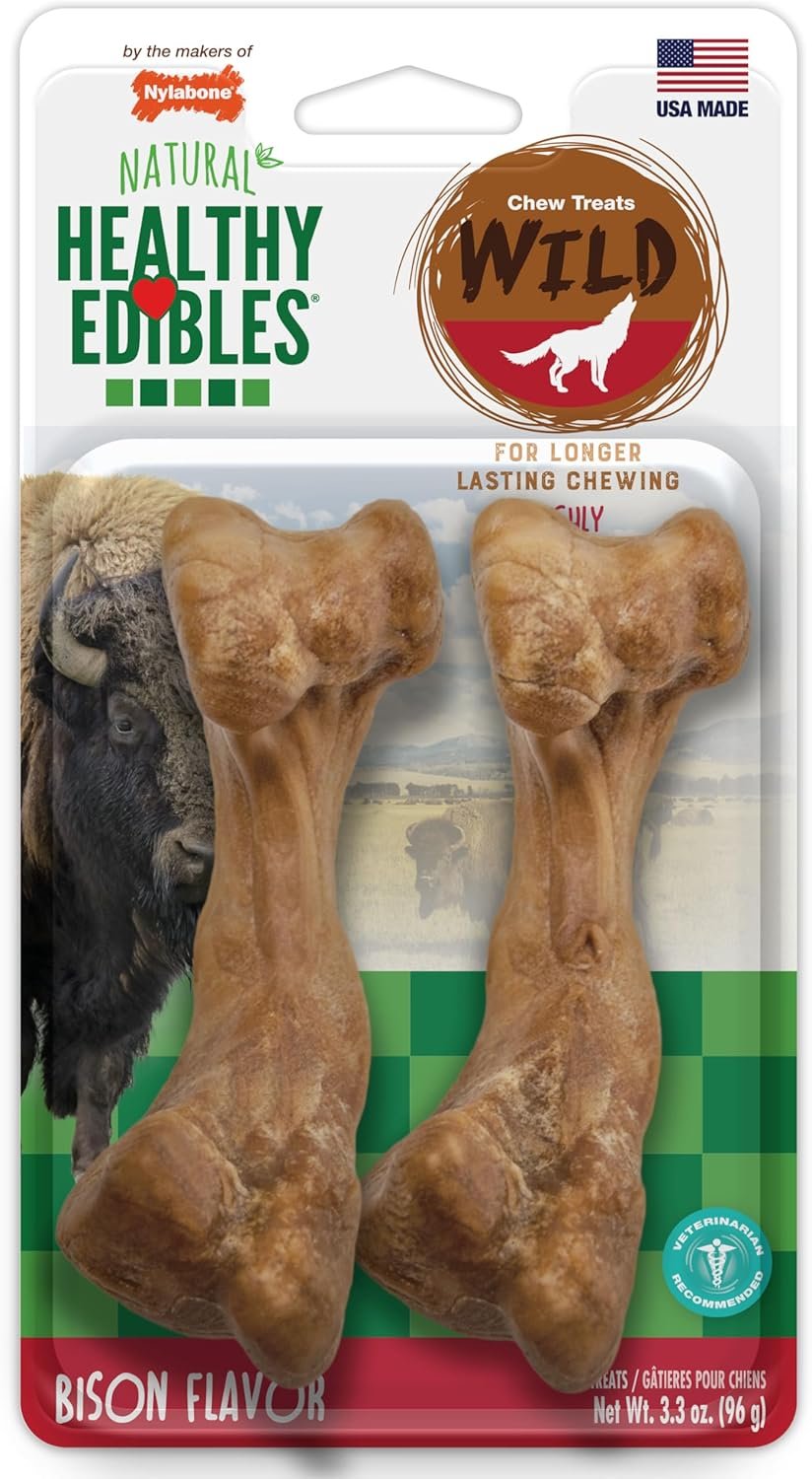 Nylabone Healthy Edibles WILD Natural Dog Chews, Long Lasting Bones for Dogs, Bison Flavor Dog Treats, Medium (2 Count)