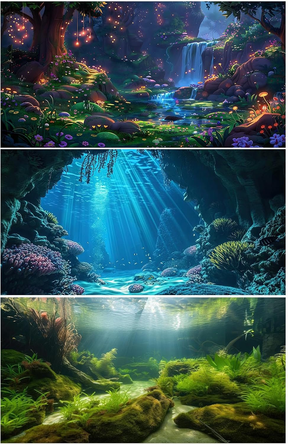 Aquarium Background 3 Pack Underwater Fish Tank Background Sunlight Rays Deep Sea Terrarium Background Fantasy Forest Mashroom Waterfall Aquarium Fish Tank Background 36x18in