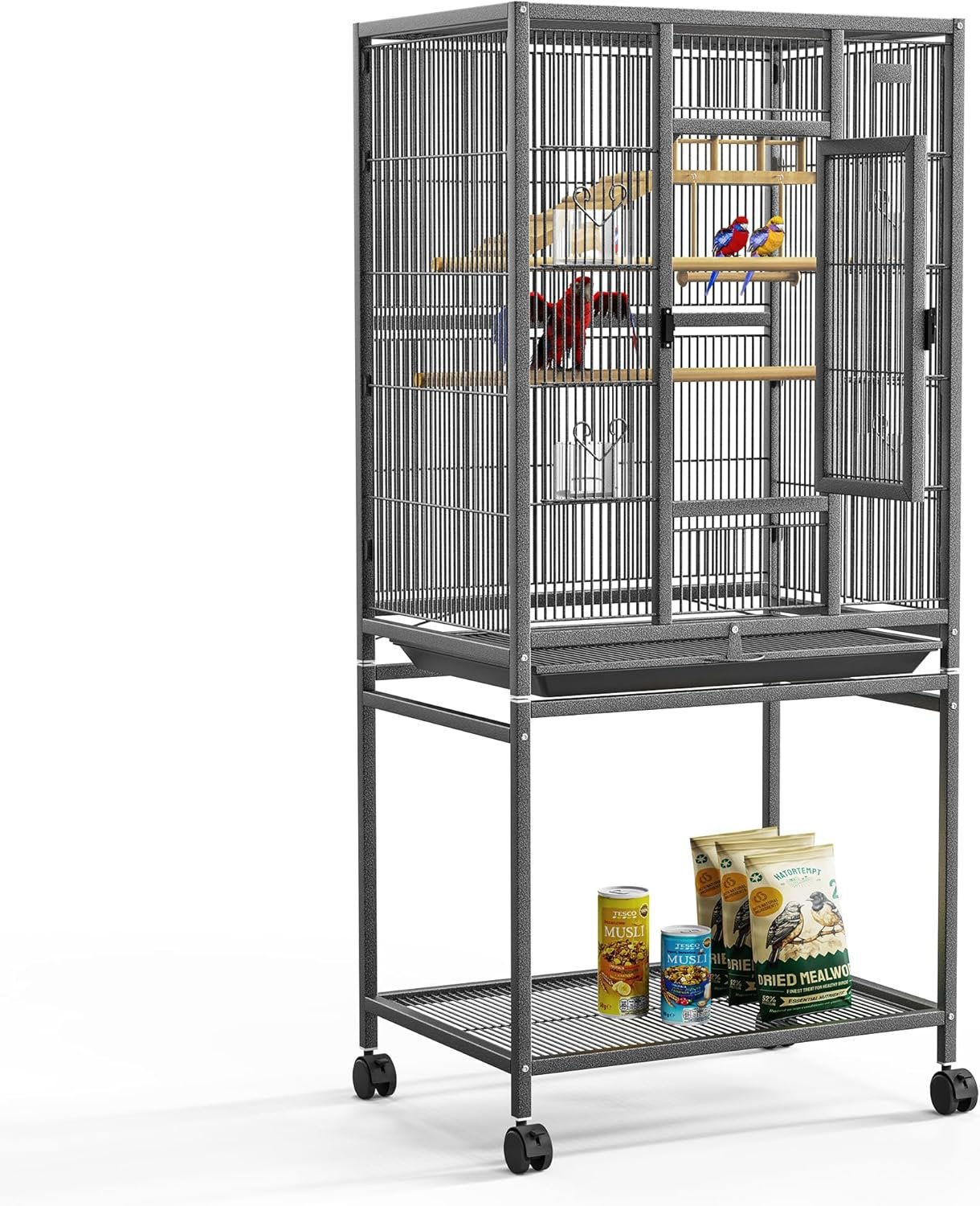 54″ Large Bird Cage with Wheels, Durable Wrought Iron Parakeet Cage with Slide Out Tray, Black Bird Cages with Feeding Cups, Wooden Platform, Swing & Perches, for Lovebird, Cockatiels, Budgies