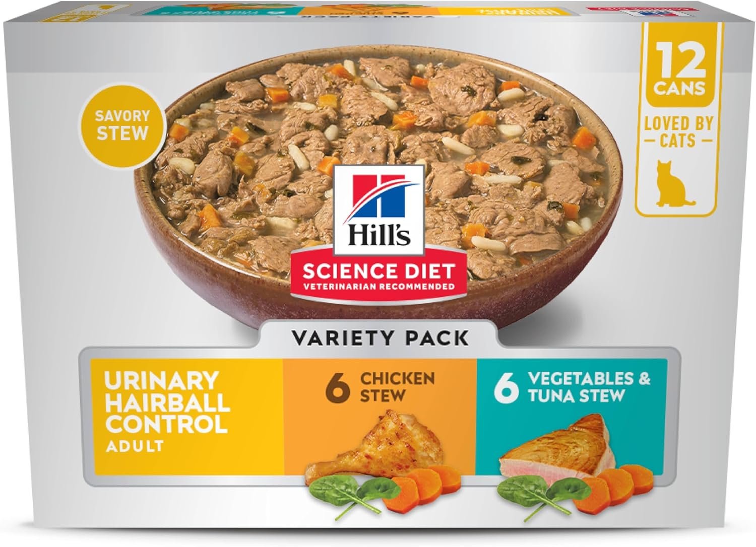 Hill’s Science Diet Adult Urinary & Hairball Control Wet Cat Food Variety Pack, Chicken Stew, Vegetables & Tuna Stew, 2.9 oz. Cans, 12-Pack