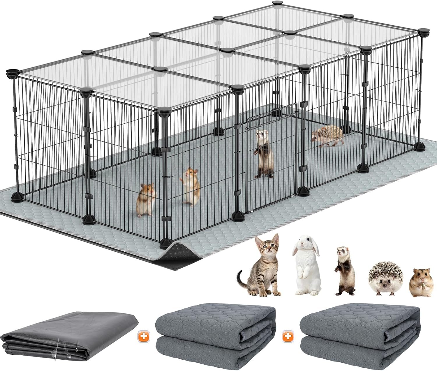 Tinnmao 20 Panels Small Animal Playpen with Roof, Waterproof Base Mat + 2PCS Washable Pee Pads, Indoor Denser & Thicker C&C Grid Cage for Guinea Pigs Rabbit Puppy Kitty Accessories (Black Metal Frame)