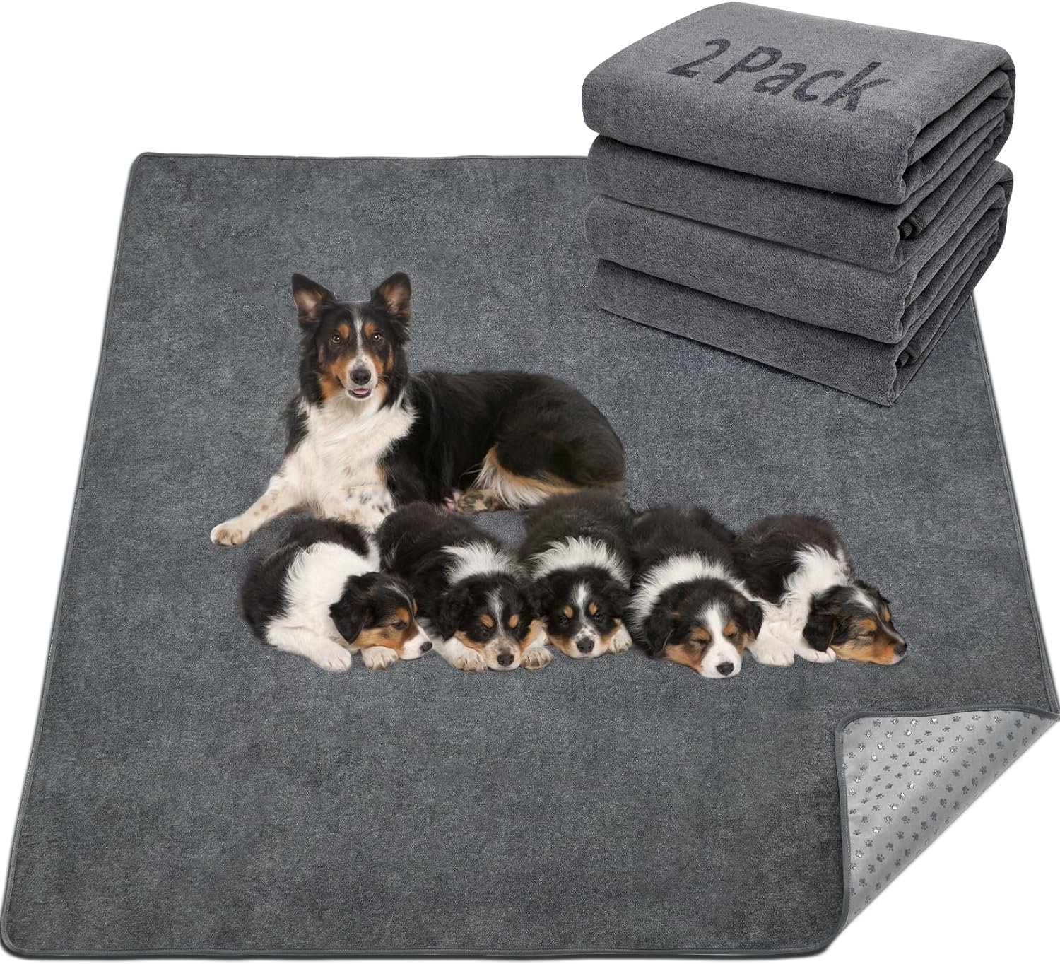 LOOBANI 2 Packs Extra Large Reusable Dog Mat for Floor, Non-Slip Washable Pee Pads for Dogs, Fast Absorbent Pet Whelping Pads, Puppy Playpen Mat for Incontinence, Housebreak, Crate (36″x48″-Gray)