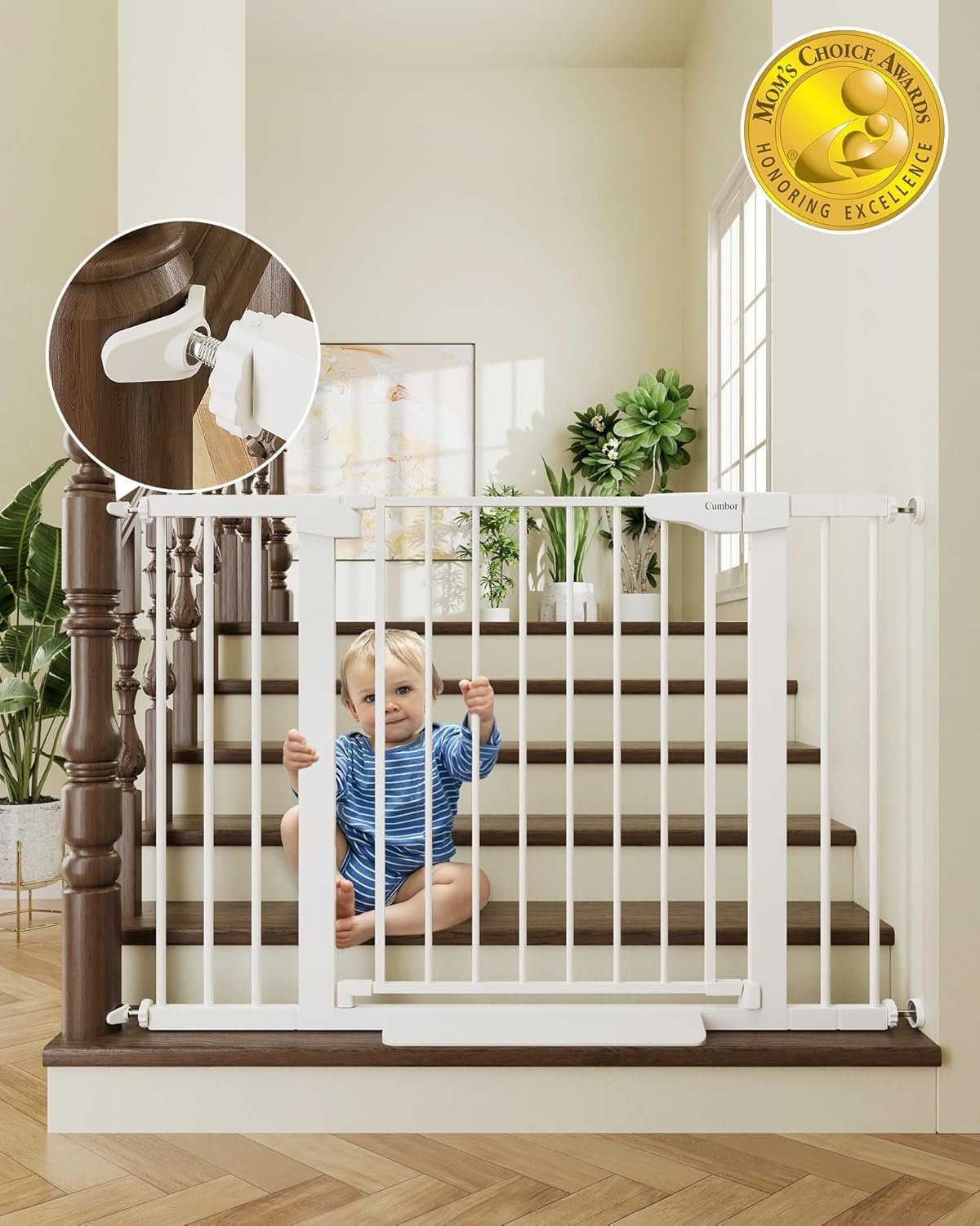 Cumbor 30-46″ Baby Gate for Stairs, Toddler Safety Essentials for The House, Auto Close Dog Gate for Doorways, Mom’s Choice Awards Winner-Easy Install Pressure Mounted Pet Gates for Dogs, White