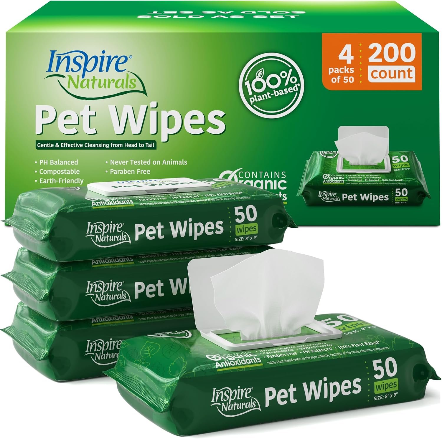 Inspire Naturals Pet Wipes for Dogs and Cats 100% Natural Plant Based with Organic Antioxidants, Dog Wipe Cleaning Deodorizing | Cat Wipes | Puppy Wipes | Dog Wipes for Paws and Butt (200ct – 4 Pack)
