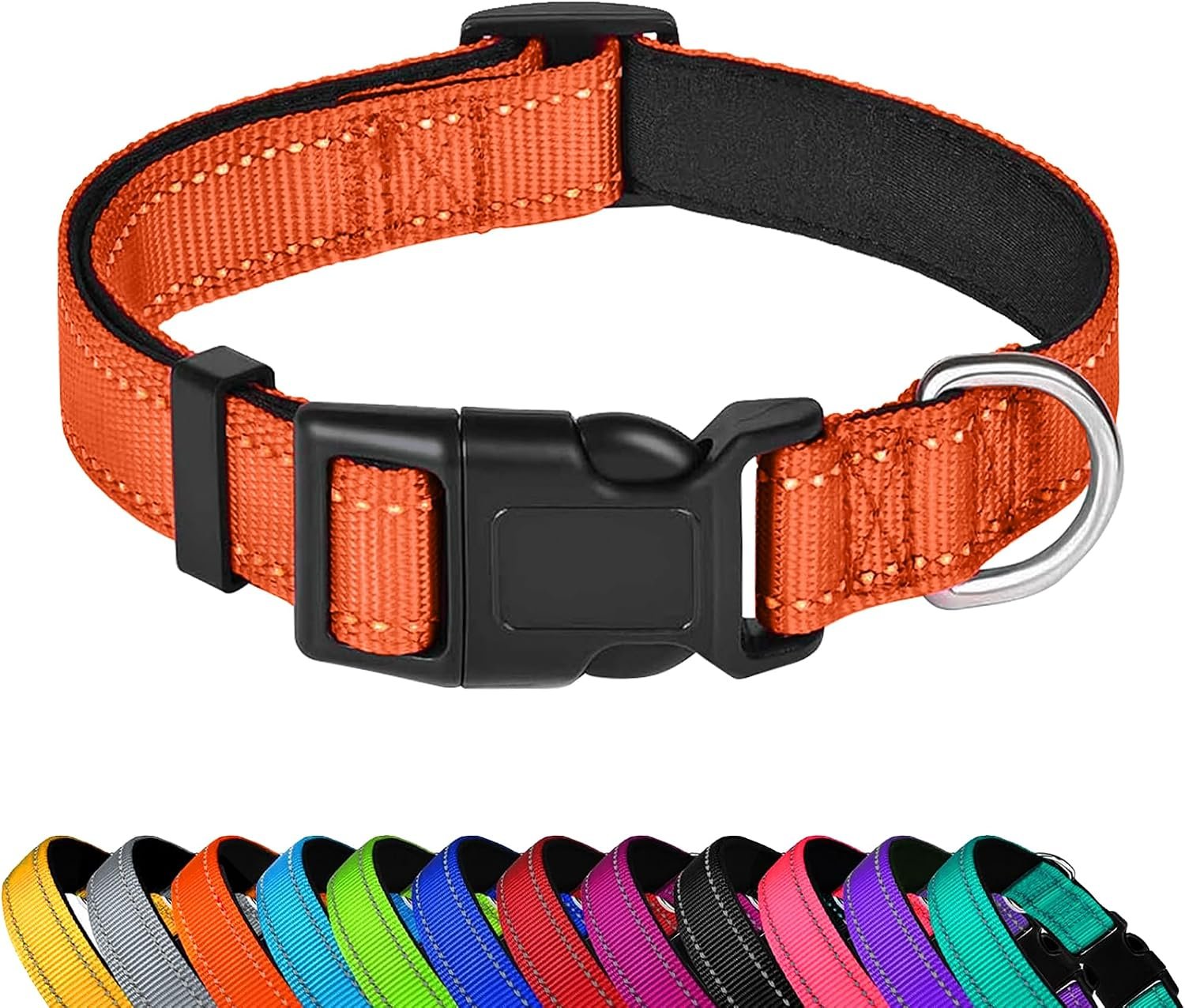 Reflective Dog Collar, Adjustable Soft Neoprene Padded Nylon Pet Collars with Buckle for Medium Dogs, Orange,M