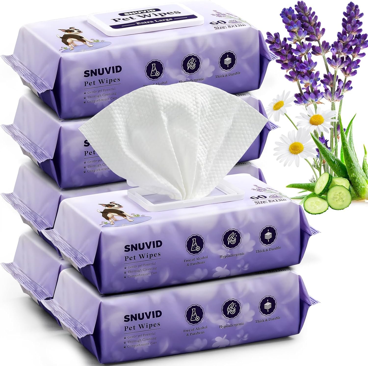 Extra Large 8“ x 13″ Dog Wipes, Hypoallergenic, Lavender Scented, Plant-Based Grooming Wipes for Deodorizing & Hydrating Paws, Body, Butt, Ears & Coat – 360 Count