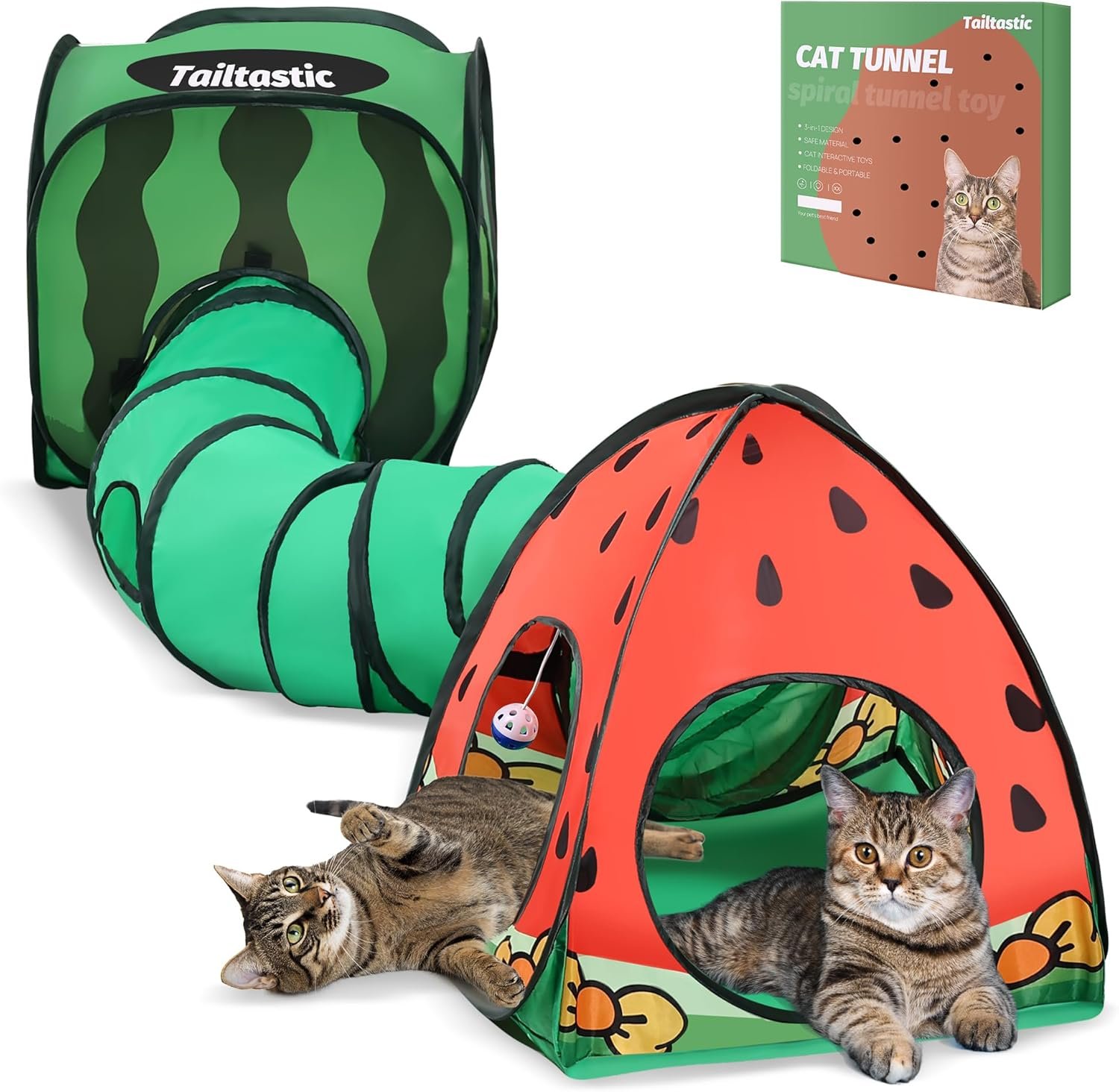 Tailtastic 3-in-1 Watermelon Cat Play Tunnel with Pop-Up Cube & Triangle Cat Tent, Interactive Toy Ball & Foldable Design – Easy Magic Tape Assembly Tunnels for Indoor Cats