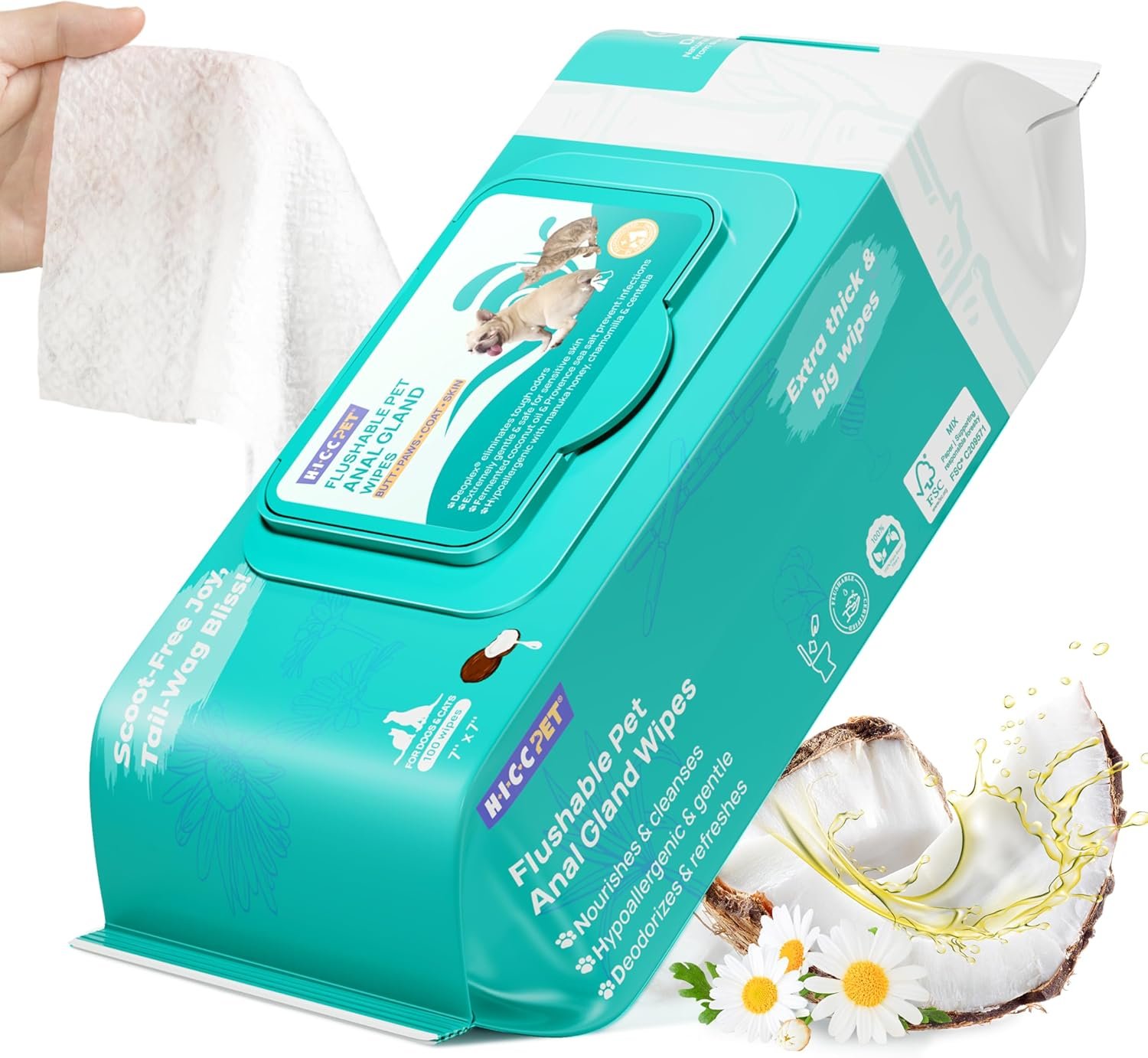 HICC PET Wipes for Dogs & Cats, Vet Recommended Cleaning Deodorizing & Soothing Allergy Infections Anal Gland Wipes, Hydrating & Nourish Fur Dog Grooming Wipes for Paw, Butt, Body-Hypoallergenic