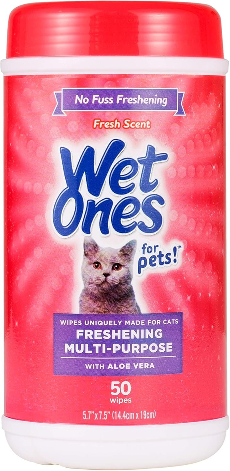 Wet Ones for Cats Freshening Wipes, Multi-Purpose Cat Grooming Wipes with Aloe Vera, Helps Remove Dirt, Odor, and Dander Between Baths, Fresh Scent, 50 Count