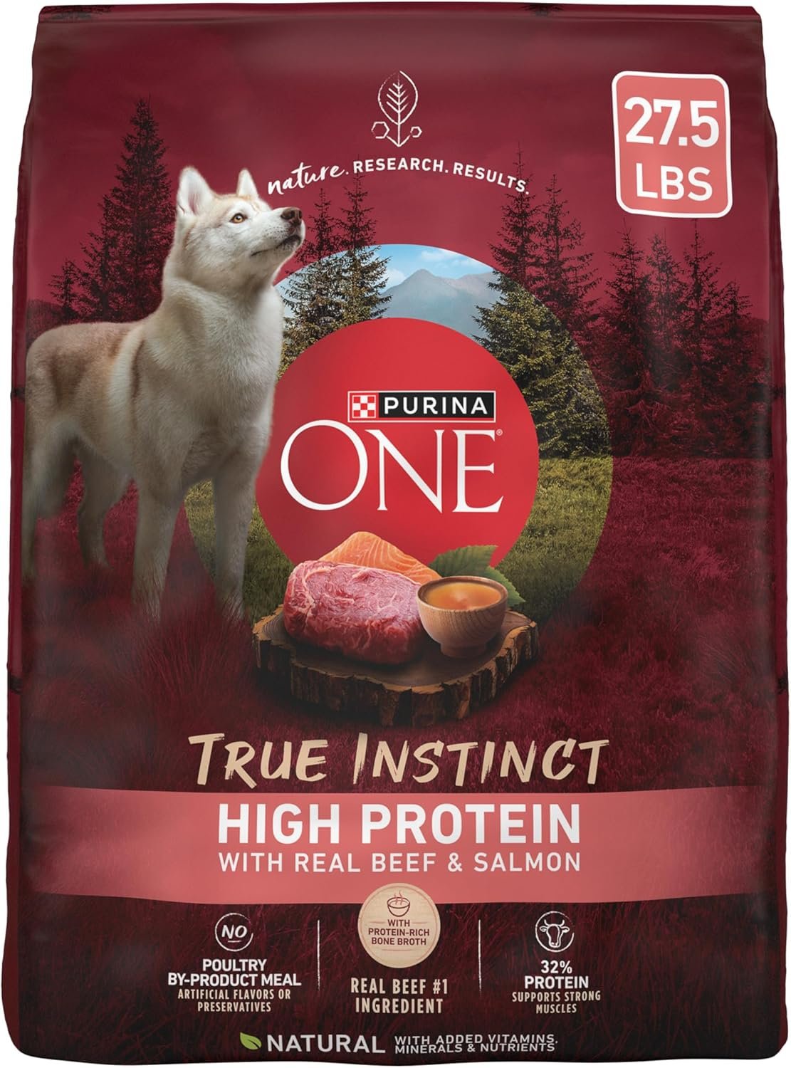 Purina ONE Natural High Protein Dry Dog Food Dry True Instinct with Real Beef and Salmon With Bone Broth and Added Vitamins, Minerals and Nutrients – 27.5 lb. Bag