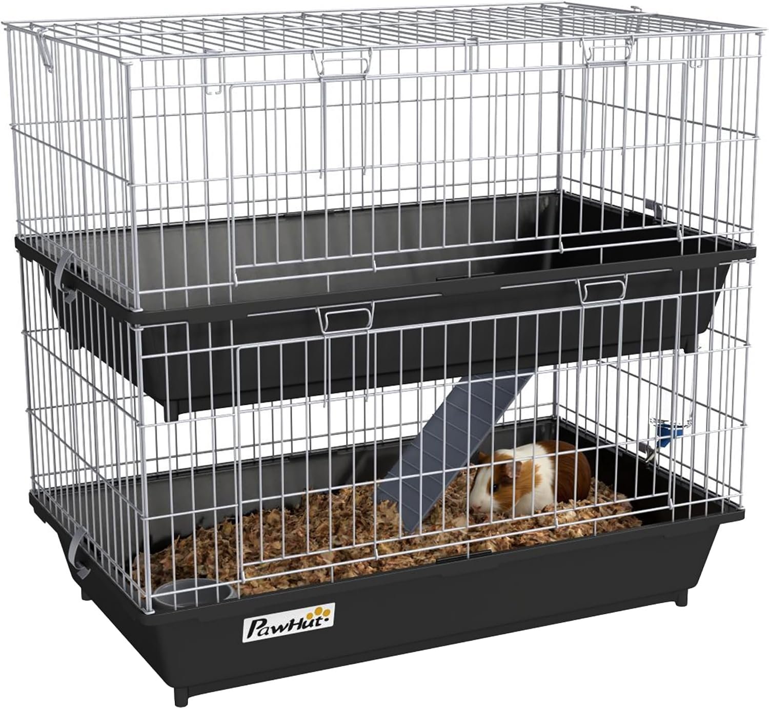PawHut 2-Tier Small Animal Cage, Chinchilla Ferret Cage Indoor with Dish and Bottle, 2 Doors, Deep Bottoms, Ramp, 28″, Black