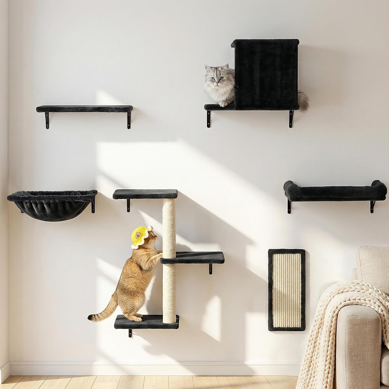 Aechonow Heavy Duty Cat Wall Shelves for Large Cats, 6-in-1 Cat Furniture Set with 17″ × 11.9″ Large Perch Bed and Hammock, Cat Climbing Wall Systems with Vertical Cat Scratcher