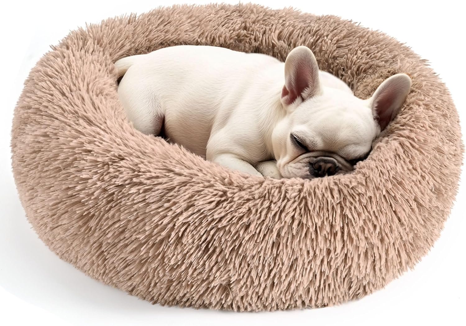 Dogs Bed for Small Dogs, Anti-Anxiety Washable Round Bed (Camel, 24.0″ L x 24.0″ W x 8.0″ Th)