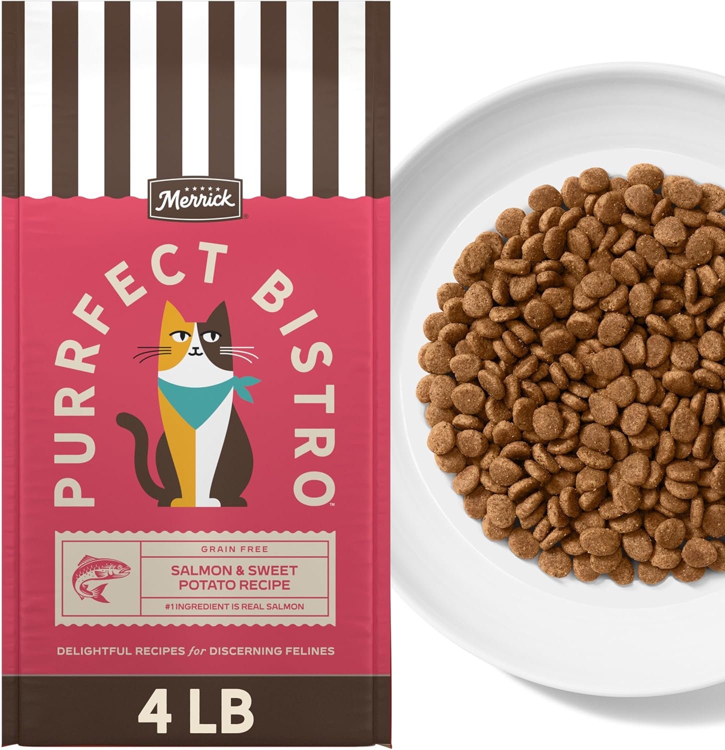 Merrick Purrfect Bistro Grain Free Salmon and Sweet Potato Recipe Natural Dry Cat Food for Adult Cats, High Protein, Outdoor or Indoor Cat Food – 4 lb. Bag