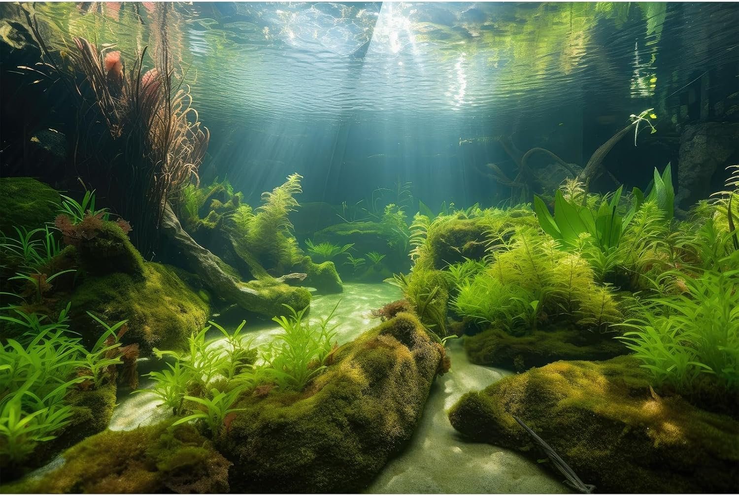 Underwater Aquarium Background Underwater Aquatic Plants with Sunbeams Fish Tank Background Rock with Lush Moss Terrarium Background Aquarium Backdrop For Tank Decorations Poster Vinyl 24x12in