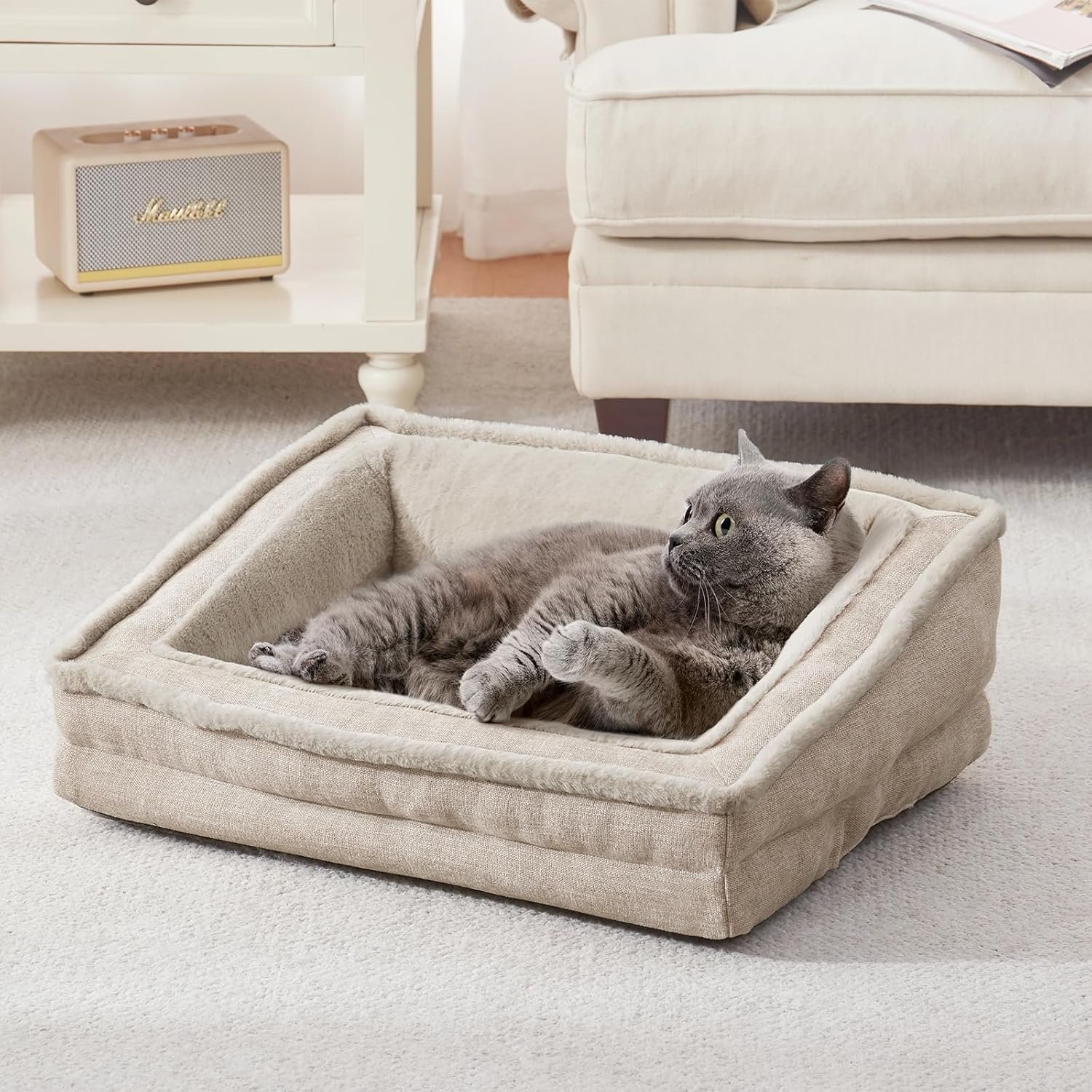 Laojin Balhen Cat Couch for Pets, Washable Cat Beds for Indoor Cats, Super Soft Plush Supportive Dog Couch Bed for Puppy and Kitten with Anti-Slip Bottom, 24inch, Beige