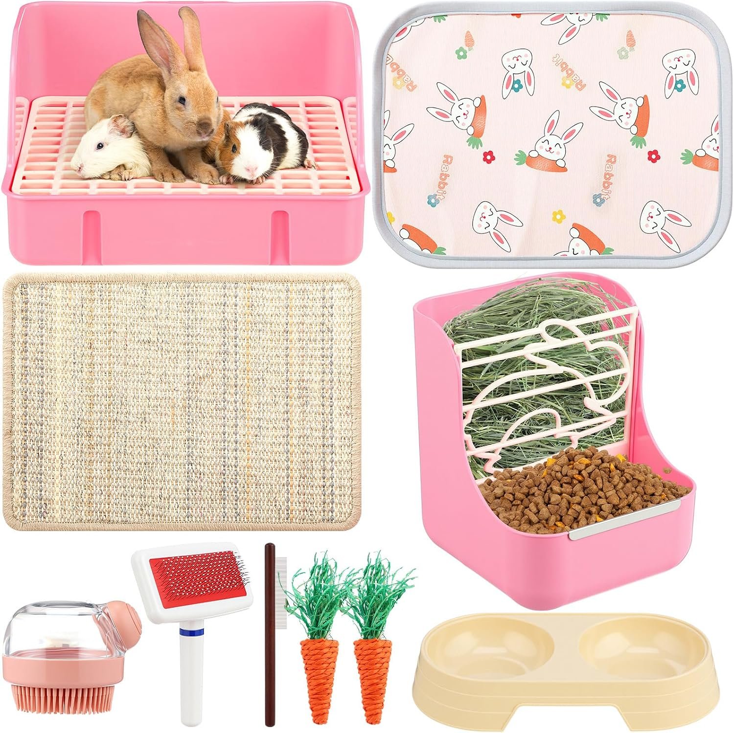 Honeydak 10 Pcs Rabbit Starter Kit Small Litter Box Bunny Grooming Kit Scratch Pads Hay Feeder Bowl Ice Pad with Bunny Toys for Guinea Pig Rabbit Accessories(Pink)