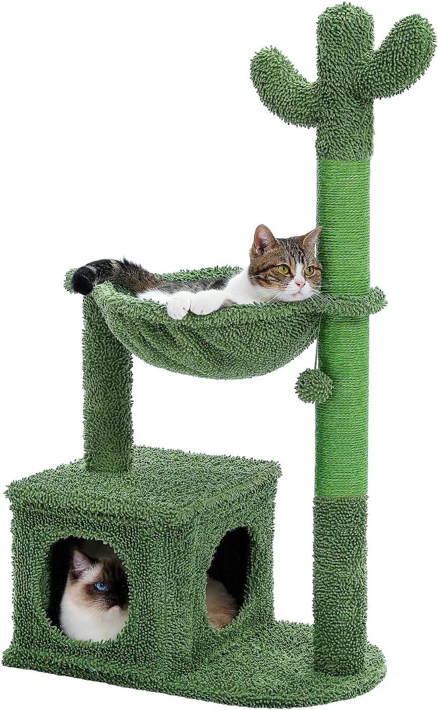 MUTTROS Cactus Cat Tree 40″ Cat Tower with Large Metal Carpet Hammock, Cat Scratching Post for Indoor Cats with Condo & Replaceable Toy Ball, Green