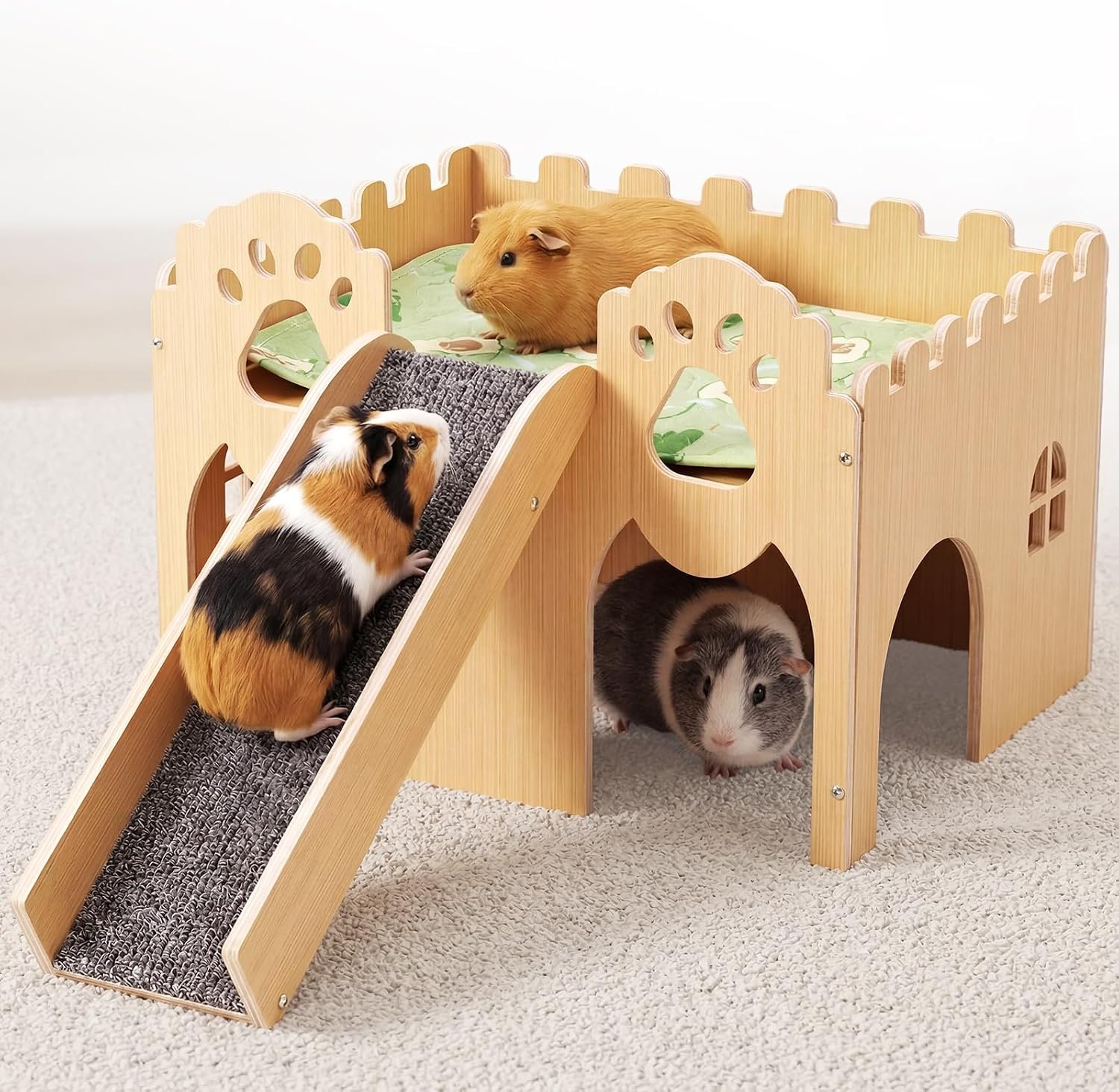 Guinea Pig Castle Extra Large, Sturdy Wooden Hideout House Ventilated Multi-Entry Small Animal Habitat, Easy to Assemble for Guinea Pigs, Bunnies, Hamsters, and Chinchillas