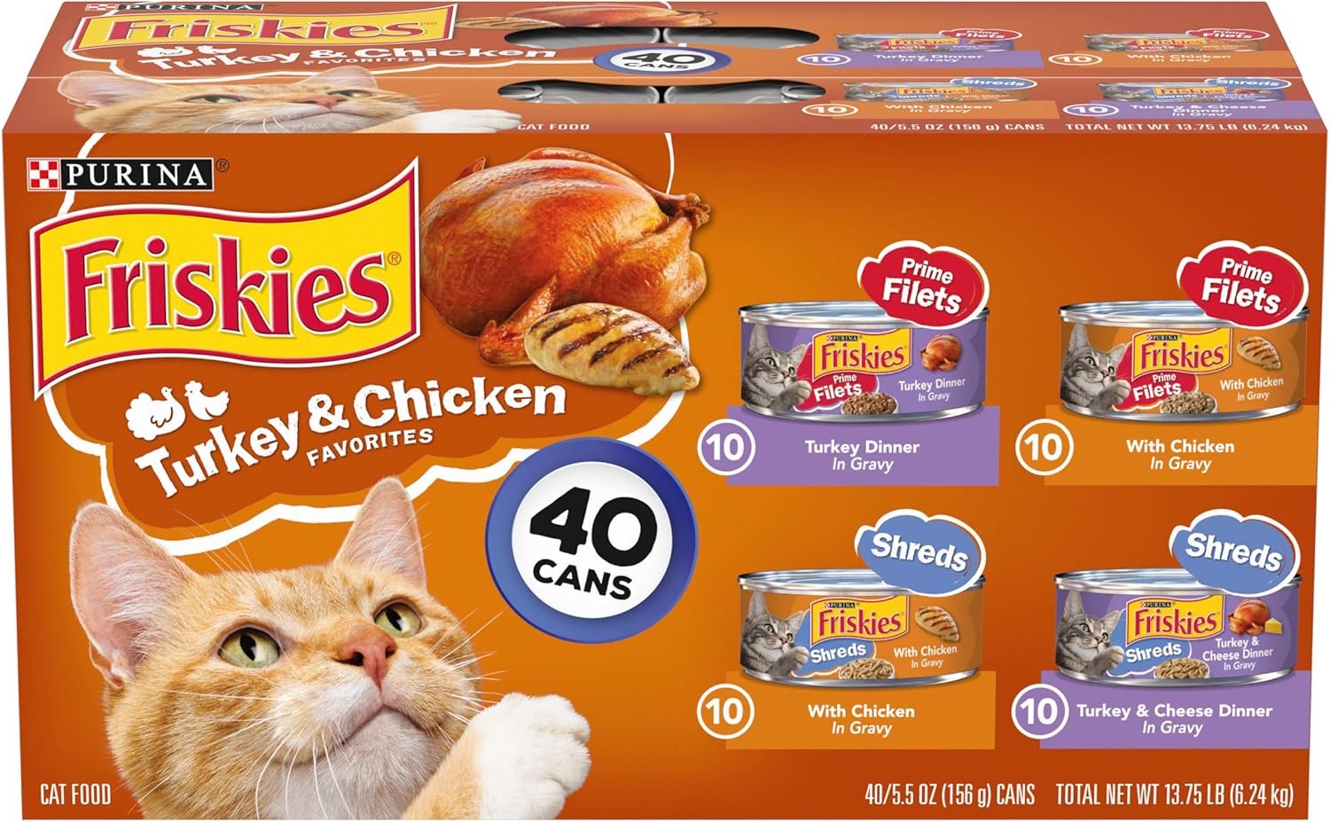 Purina Friskies Gravy Wet Cat Food Variety Pack, Prime Filets & Shreds Turkey & Chicken Favorites – (40) 5.5 oz. Cans
