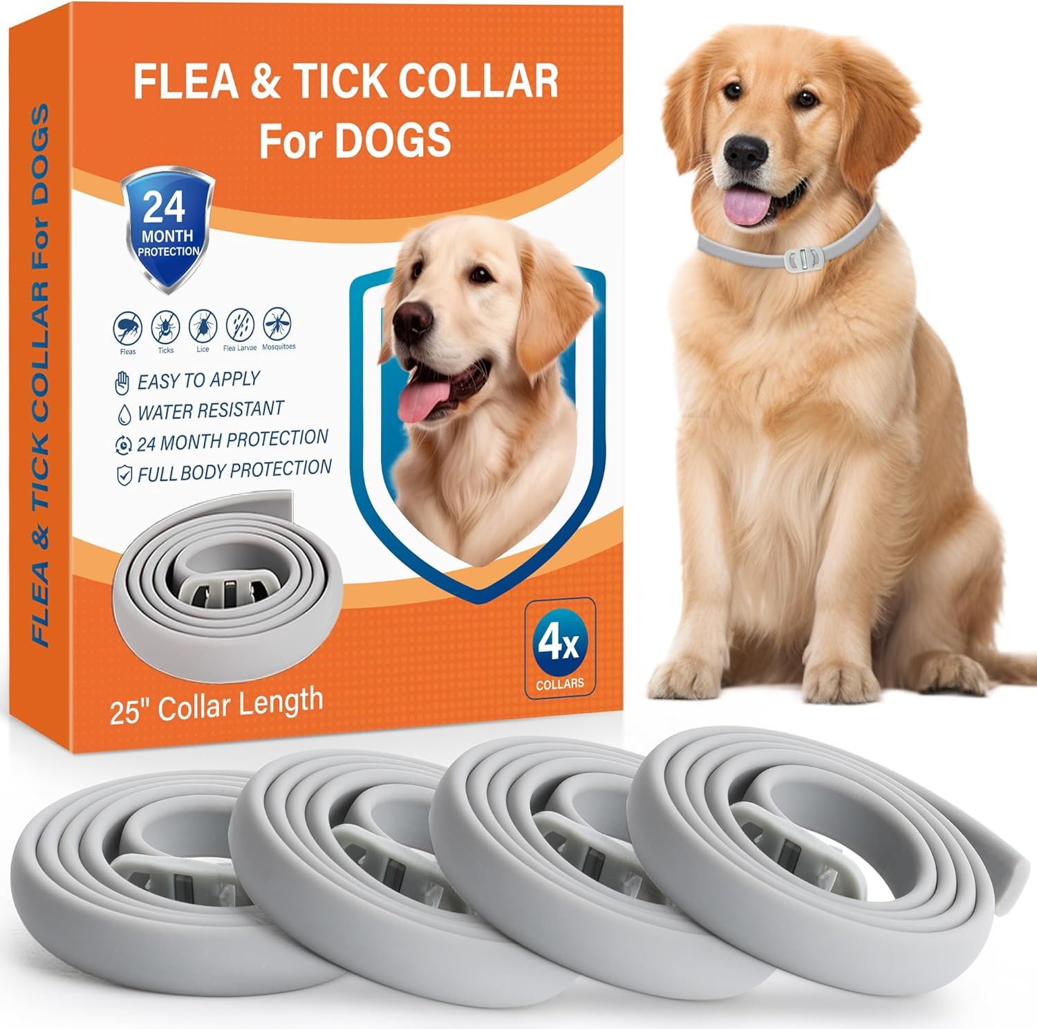 4 Pack Flea and Tick Collar for Dogs – 25″ Adjustable Collar Fits Dogs, Long-Lasting 24-Month Protection for Small, Medium, and Large Dog – Waterproof Flea Tick Prevention