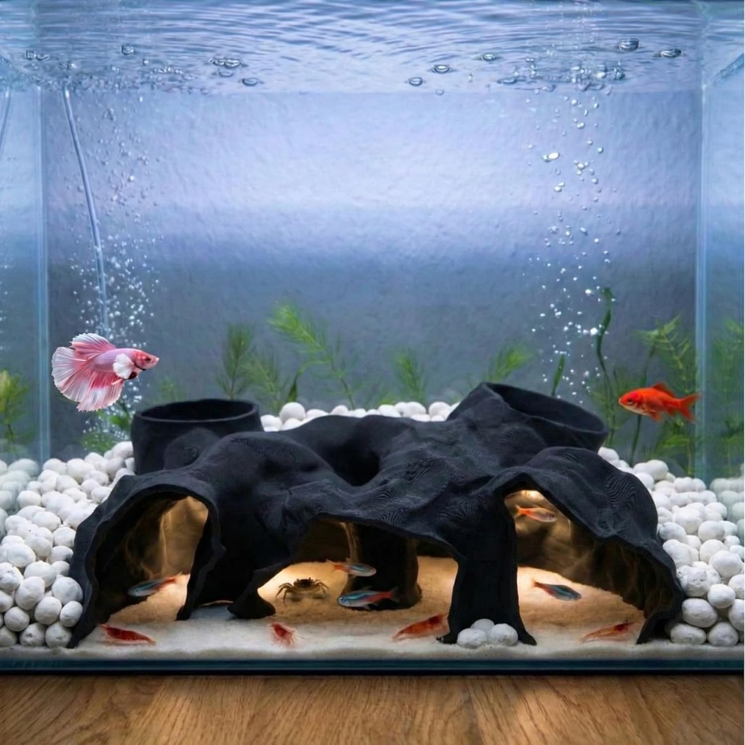 Large Aquarium Tunnel & Cave (9.5″ L), 3D Printed Substrate Viewer Fish Hideout with Wide Top Entrances, Tank Decor for Small Fish, Corydoras, Betta & Shrimp – Set with 3 Mini Accessories(Black)