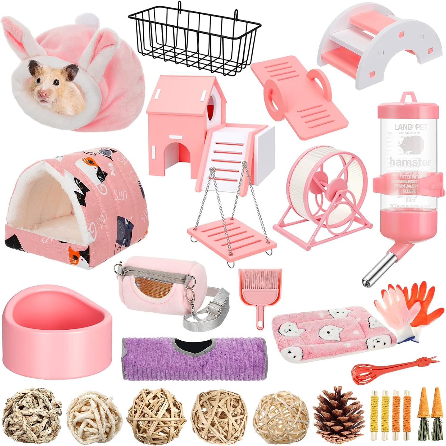 Teenyyou 24 Pcs Small Guinea Pig Starter Kit Essentials for Hamster Cage Accessories Toys House Bed Cage Cleaner Food Bowl Water Holder Carrier Bag Teething Toys Liner Tunnel for Beginner(Pink)
