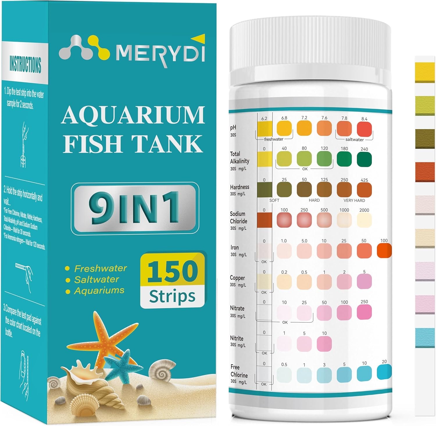Aquarium Test Strips, 9 in 1 Fish Tank Test Kit for Freshwater Ponds, 150 ct Quick & Accurate Water Testing Iron Copper Sodium Chlorine Nitrate Nitrite Total Alkalinity Hardness Free Chlorine pH