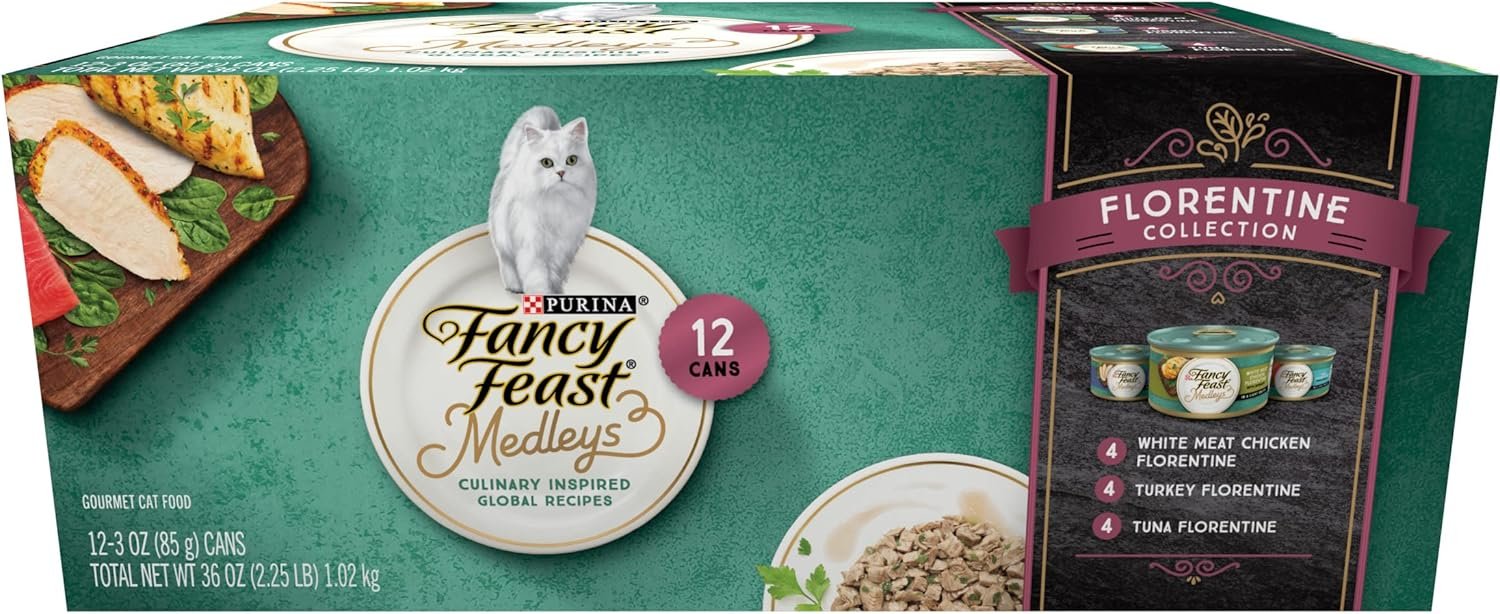 Purina Fancy Feast Wet Cat Food Medleys Florentine Wet Cat Food Variety Pack – (2 Packs of 12) 3 oz. Cans