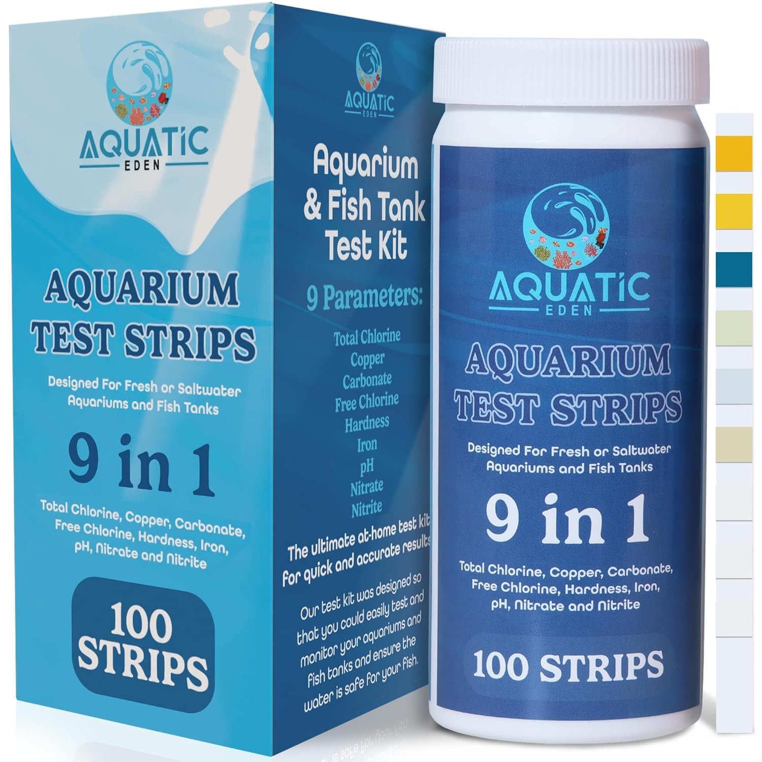 9-in-1 Aquarium Water Test Kit – 100 Freshwater & Saltwater Test Strips | Fish Tank Kit for pH, Nitrate, Nitrite, Hardness, Chlorine, Iron, Copper, Alkalinity, Carbonate | Quick & Reliable Results