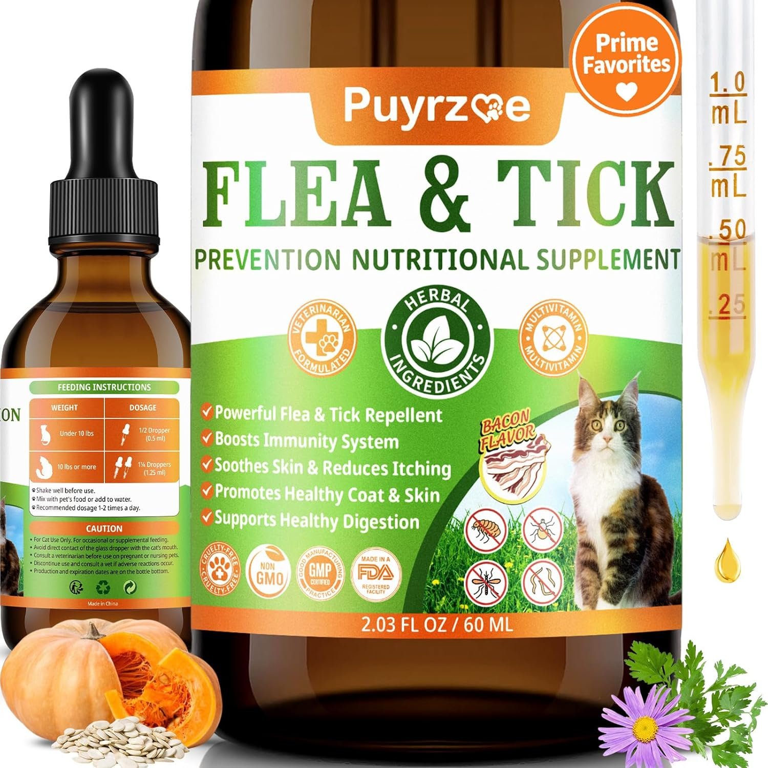 Puyrzoe Cat Flea Treatment, Natural Oral Flea and Tick Prevention for Cats Drops with Pumpkin Seed, Echinacea & Omega-3/6/9- Support Immunity, Healthy Skin & Coat, Digestion & Overall Wellness, 60 ML