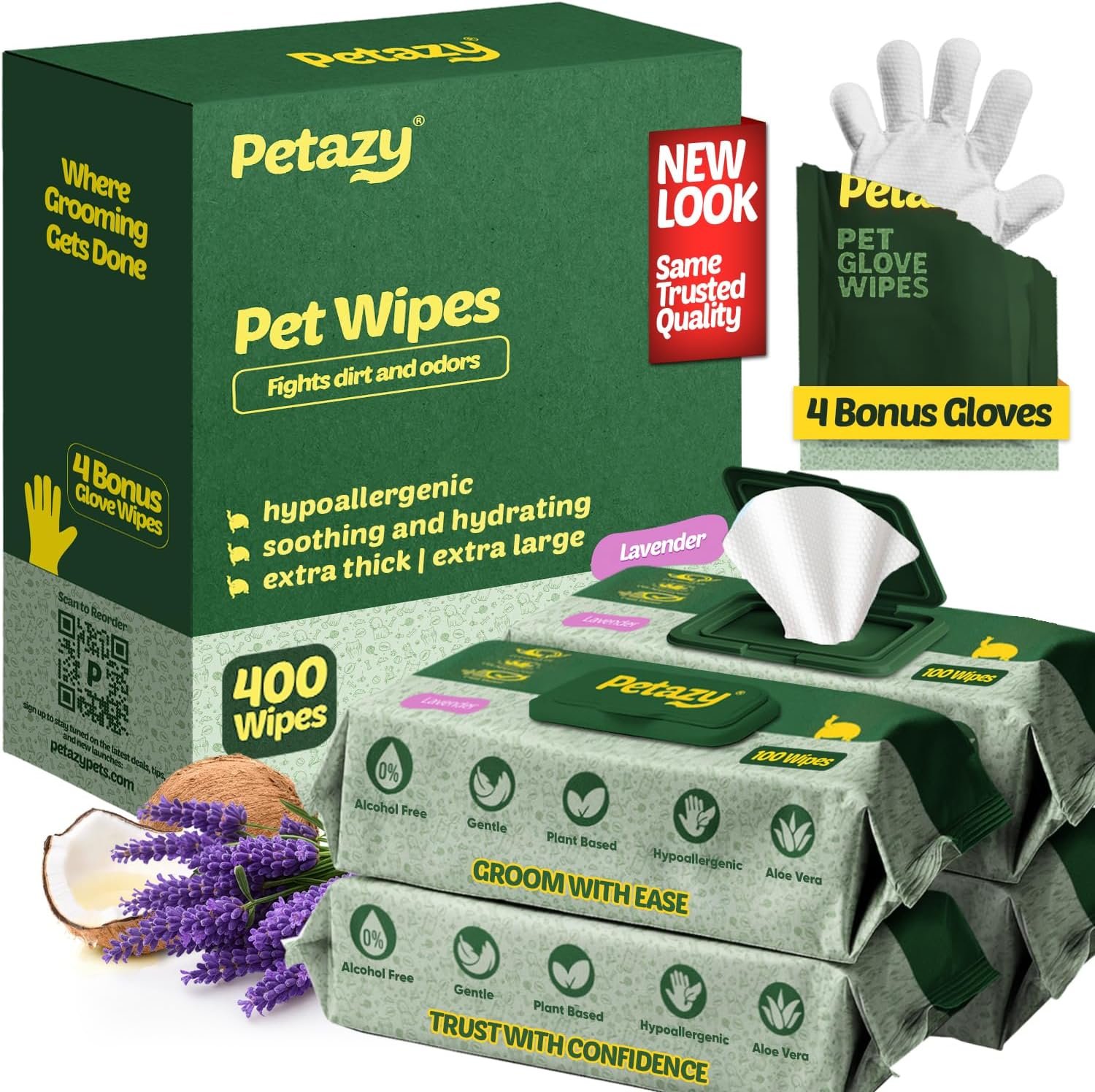 Petazy Pet Wipes for Dogs and Cats – 400 Count (8x8in) Hypoallergenic, Deodorizing Dog Wipes for Paws, Ears and Butt | XL with Aloe & Coconut Oil, Lavender Scented | Includes 4 Grooming Glove Wipes