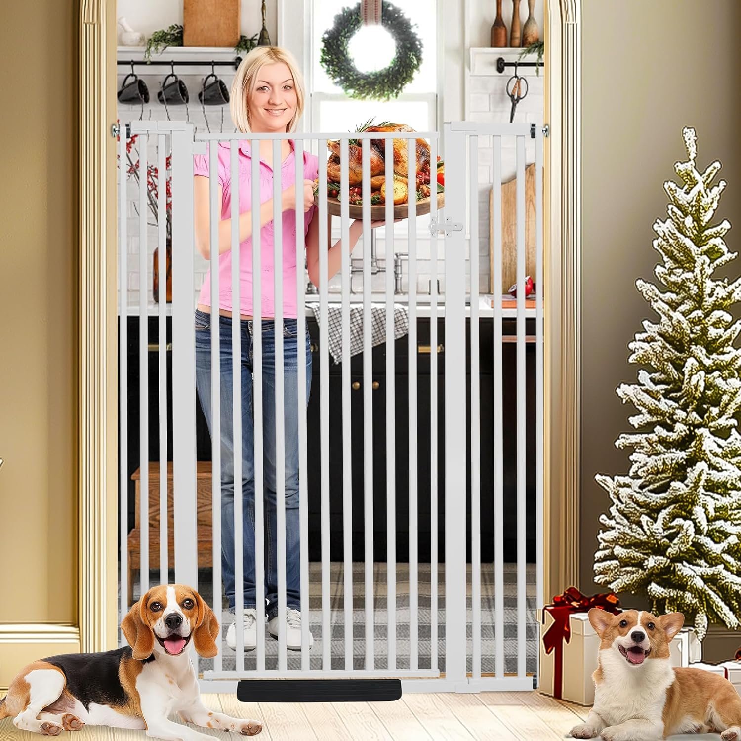 SHYUJAJIE 55 Inch Extra Tall Pet Gate for Cats,29.92″-43″ Adjustable Wide Dog Gates,Pressure Mounted Walk Through Tall Pets Gate for Doorways,Hallway,Stairs(White)