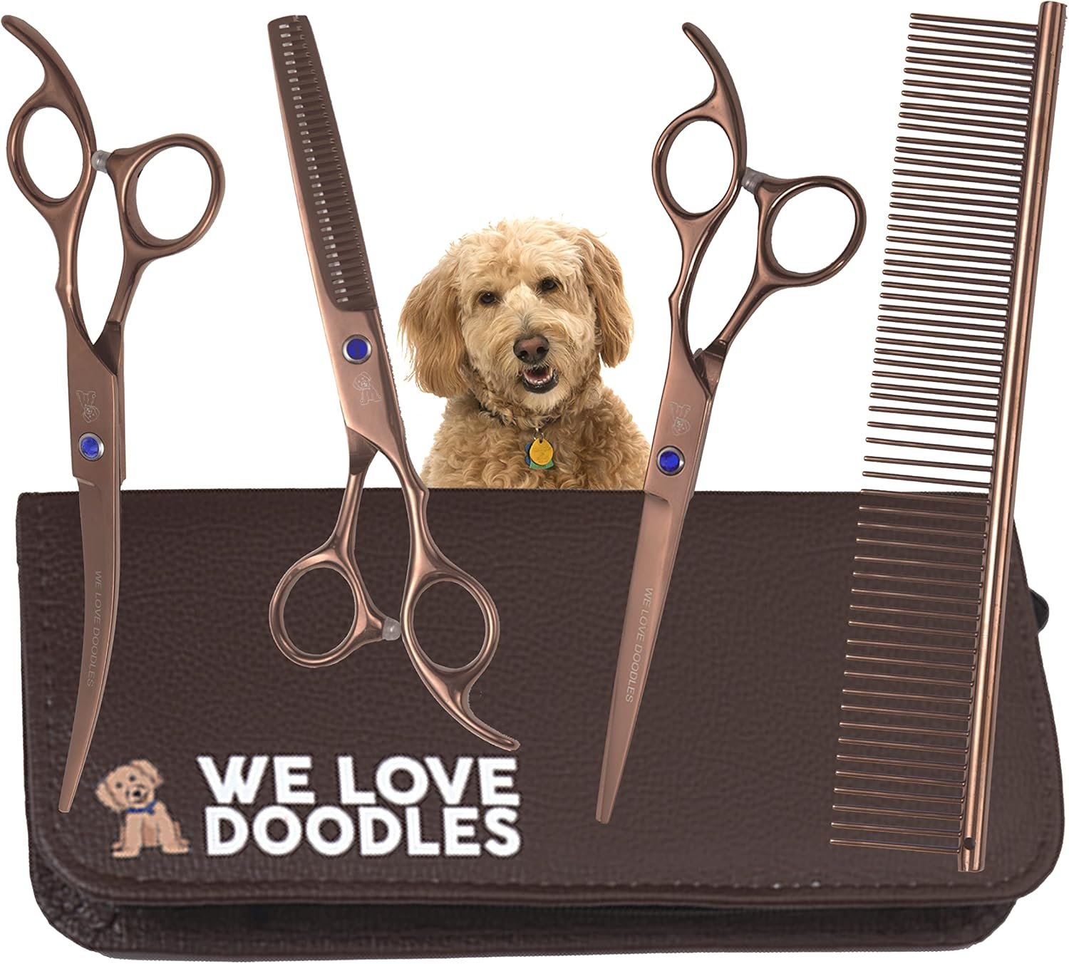 Dog Grooming Scissors Kit – Best Tools for Goldendoodles & Poodles – Straight, Curved & Thinning Shears – Professional Grade Stainless Steel, 4 Pc Set [We Love Doodles]