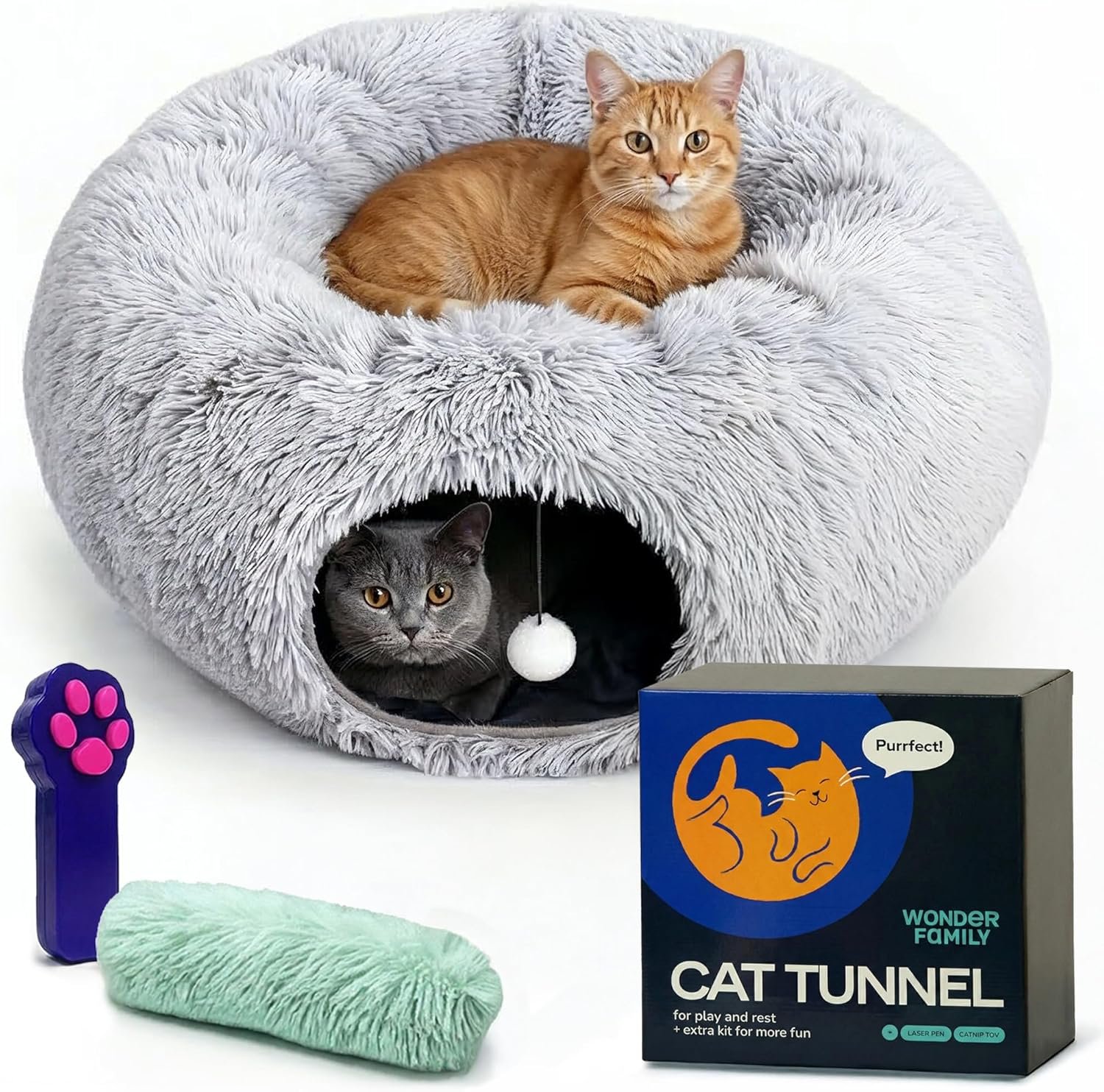 Large Cat Donut Tunnel Bed – Cat Tunnels for Indoor Cats – Circle Hideaway with Cat Toys, 3-in-1 Foldable Playground & Cozy Cave Bed, Gift-Ready DIY Collapsible Plush Cat Tube, Rabbit, Kitty