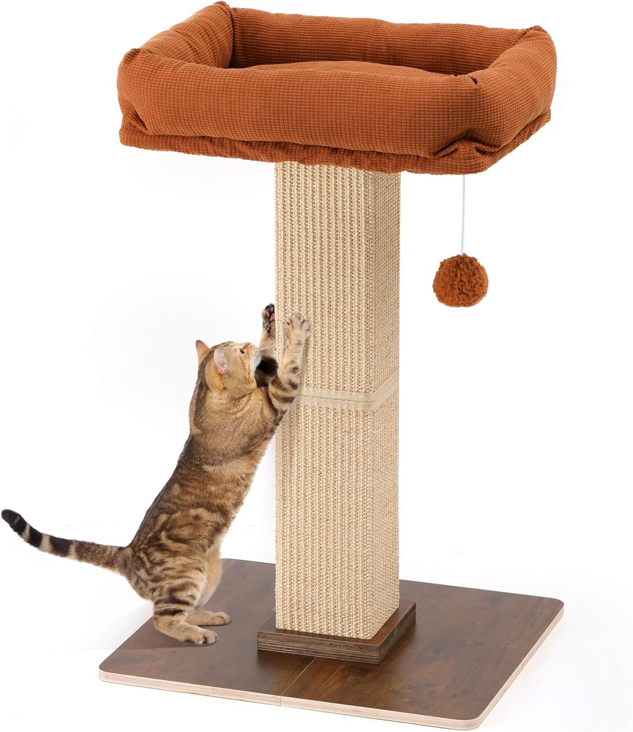 FUKUMARU Cat Scratching Post, Retro-Style Tall Scratch Posts with Perch for Indoor Cats Adults, Large Cat Scratcher Tower with Bed, Natural Sisal & Solid Wood