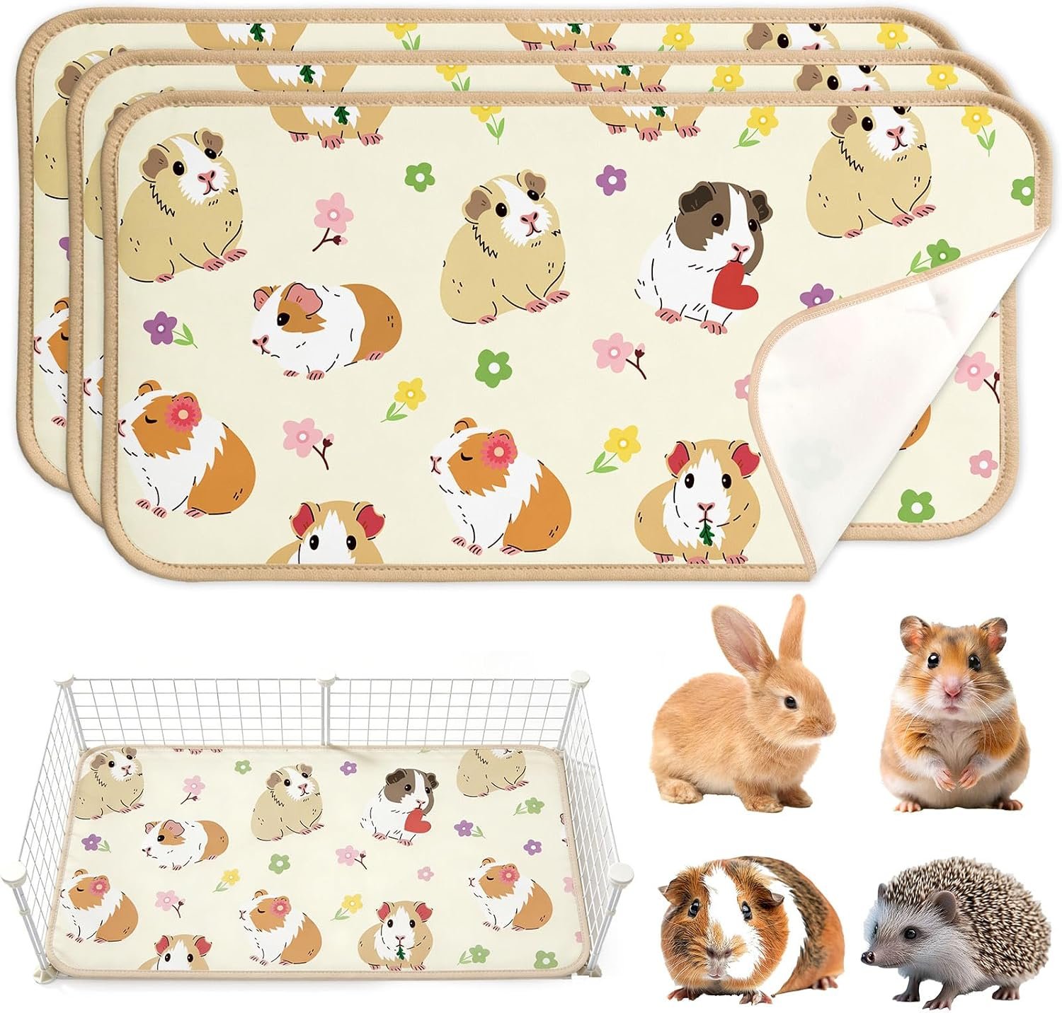 JarThenaAMCS 3Pcs Guinea Pig Cage Liners 47 x 24 Inch Washable Guinea Pig Pee Pads Cute Floral Reusable Pee Mat Absorbent Bedding for Small Animals Rabbit Hamster Chinchilla Ferret Rat