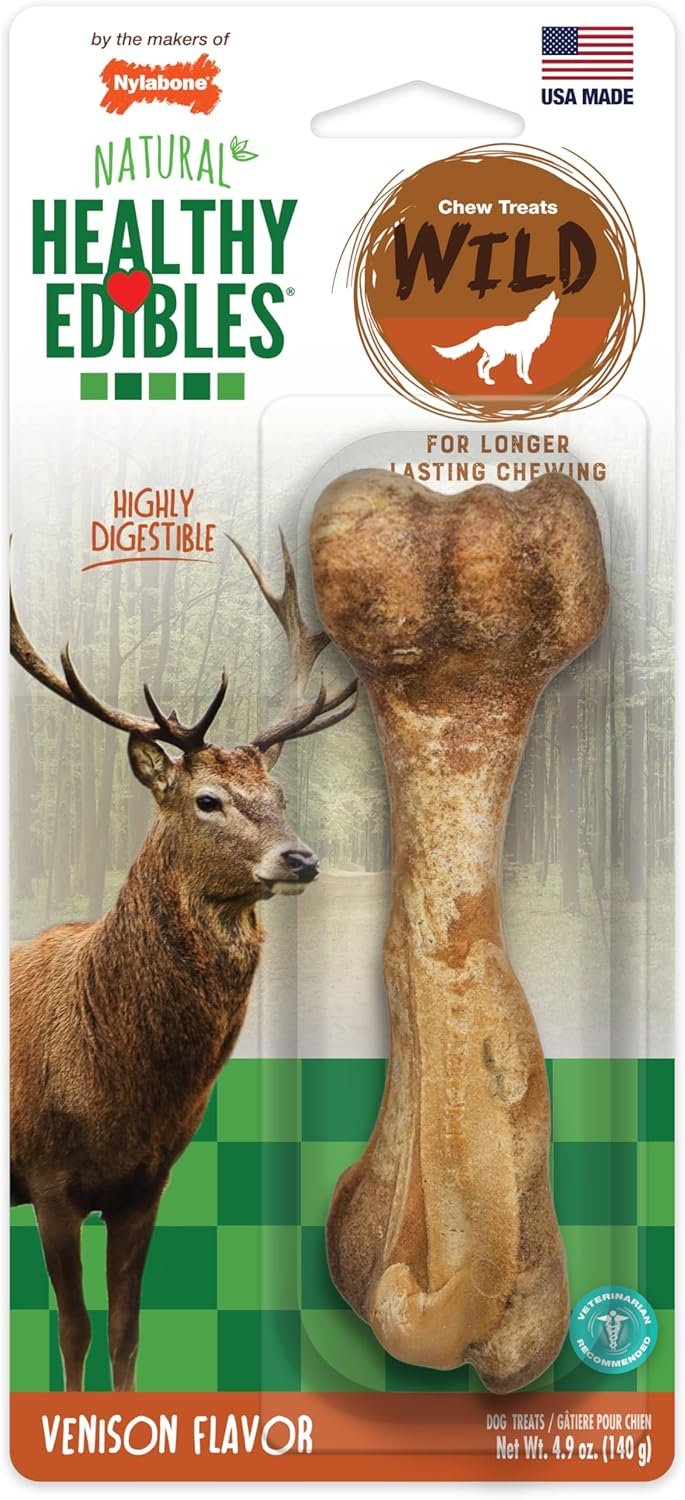 Nylabone Healthy Edibles WILD Natural Longer-Lasting Chew Treats, Venison Flavor, Large Dogs Up to 50 lbs – Made in USA (1 Count)