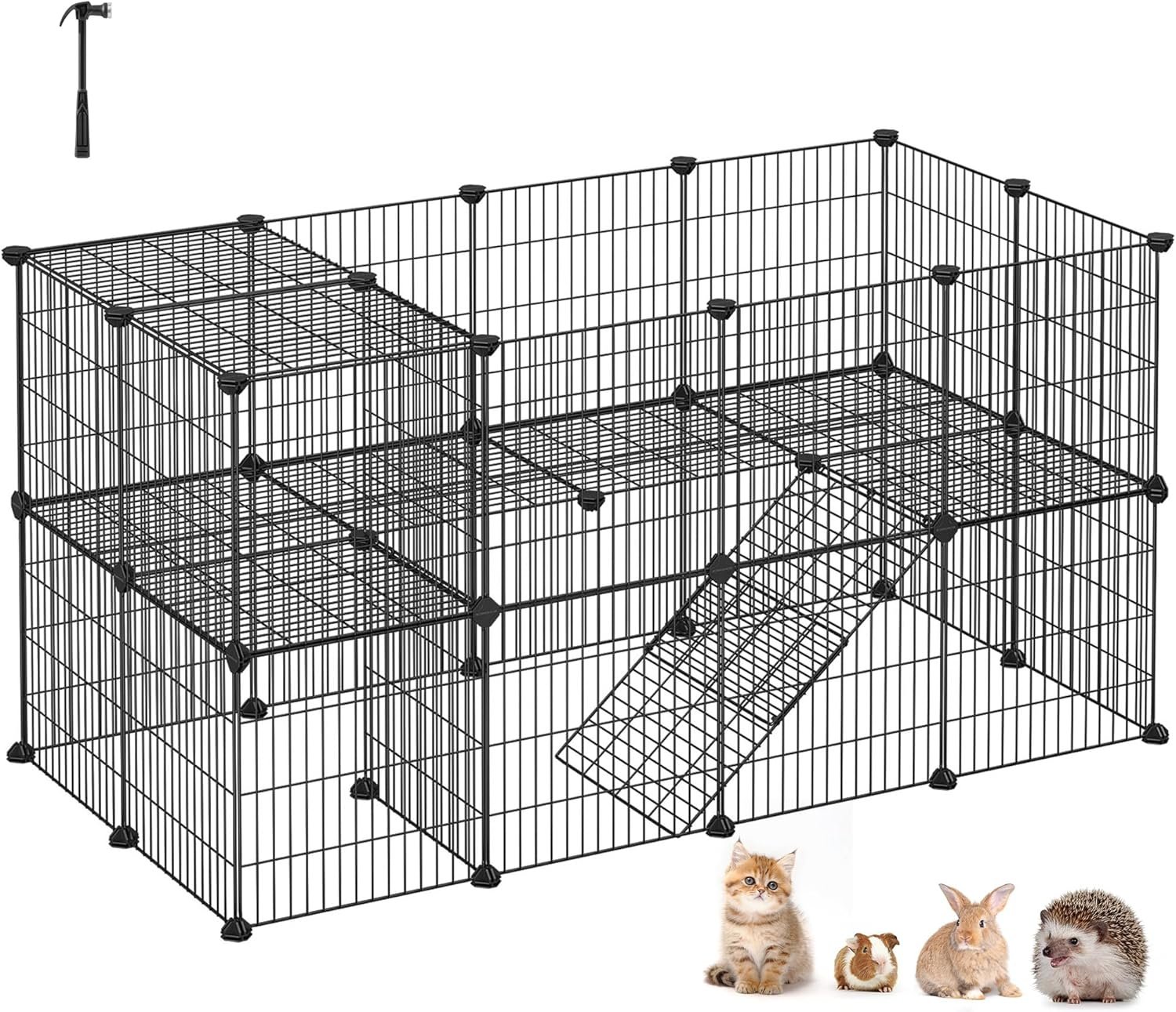 SONGMICS Pet Playpen, Small Animal Playpen, Rabbit Guinea Pig Cage, Zip Ties Included, Metal Wire Apartment-Style Two-Story Pet Premium Villa for Bunnies Puppies, Indoor Use, Black ULPI02H