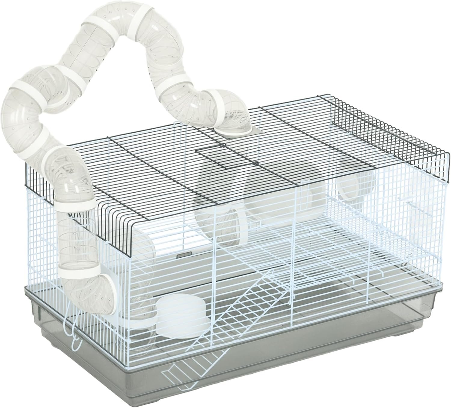 PawHut Hamster Cage, 2 Levels Gerbil Cage, Small Animal Cage for Dwarf Hamster with Tubes and Tunnels, Exercise Wheel, Food Dish, Water Bottle, Ramp, 23″ x 13″ x 12″, Gray