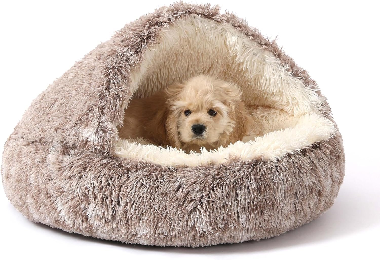 NOYAL Round Hooded Donut Dog Bed for Small & Medium Pets – Plush Fluffy Anti-Anxiety Cat Cave Bed with Cover