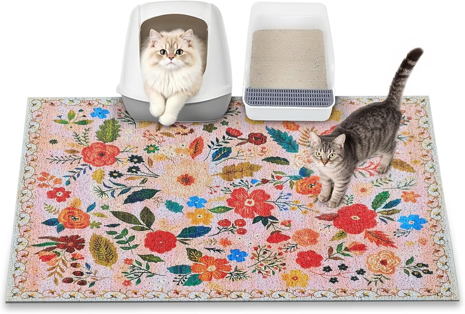 Cat Litter Mat, 35″ x 23″ Litter Box mat, Upgrade Non-Slip Kitty Litter mat, Traps 100% Litter, Soft on Kitty Paws, Easy Clean for Scatter Control, Bohe cat Food mat, Urine Waterproof