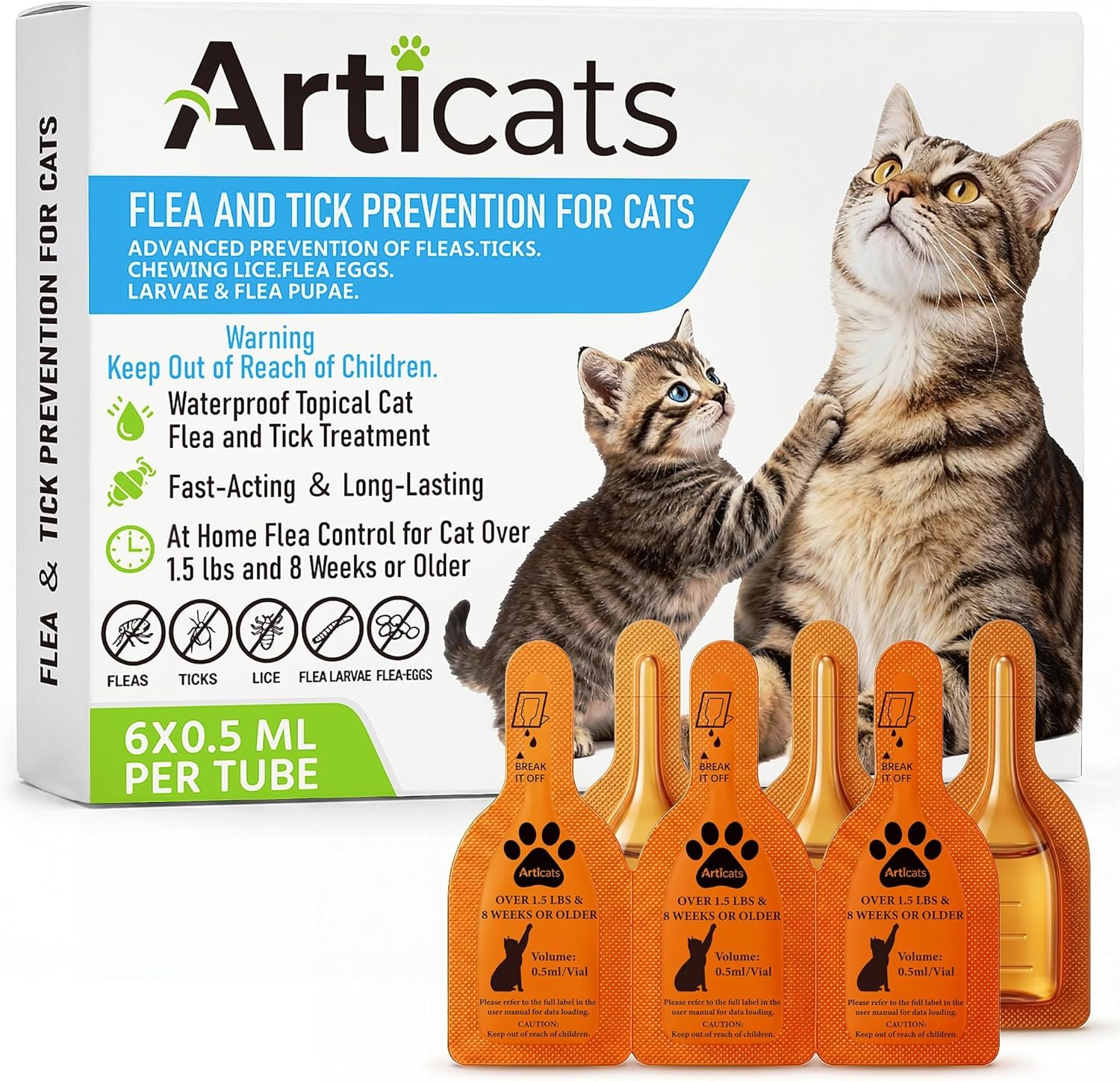 Flea and Tick Prevention for Cats & Kittens, Topical Cat Flea and Tick Treatment – Fast-Acting & Long-Lasting 6-Dose Supply