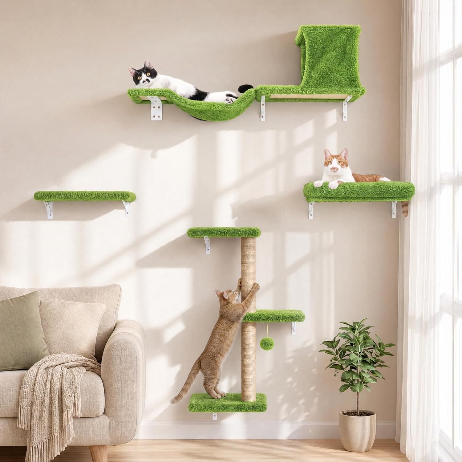 FUKUMARU Cat Wall Shelves, Stable & Safe 5 in 1 Cat Walls Furniture Set, Wooden Kitten Climbing Wall with Scratching Post for 16 Inch Drywall – Green