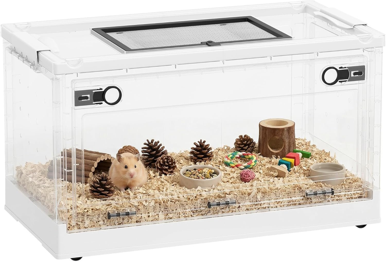 PawHut Hamster Cage, Stackable Small Animal Cage with Front Door, Ventilated Gebril Habitat for Dwarf Hamsters, Gerbils, Mice, 22″ x 13″ x 12″, White