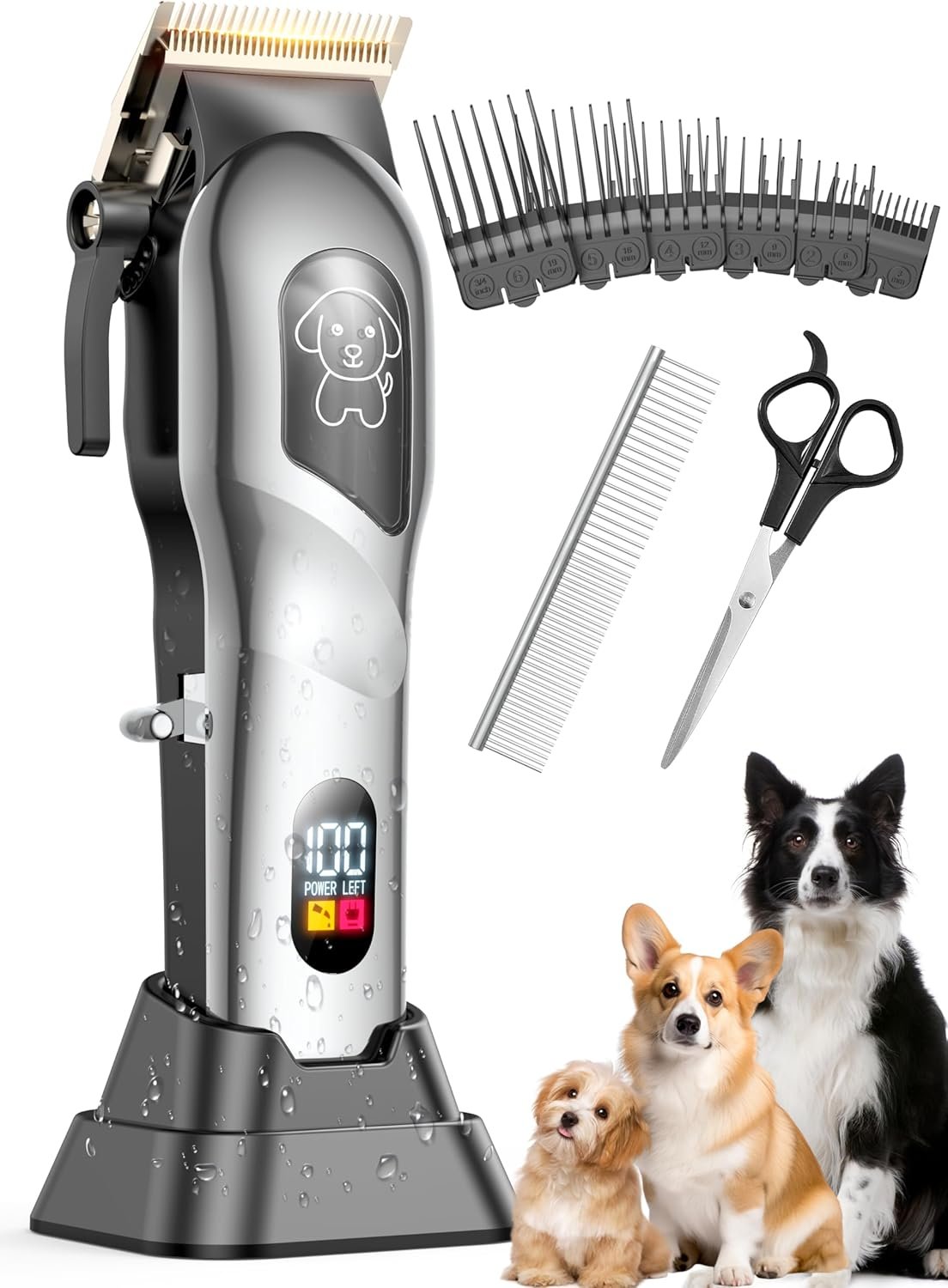 Dog Clippers for Grooming, Dog Grooming Kit for Heavy Thick Hair, Low Noise Cordless Pet Hair Trimmer with Stainless Steel Blade, Professional Rechargeable Hair Trimmer for Dogs and Cats D-Sliver