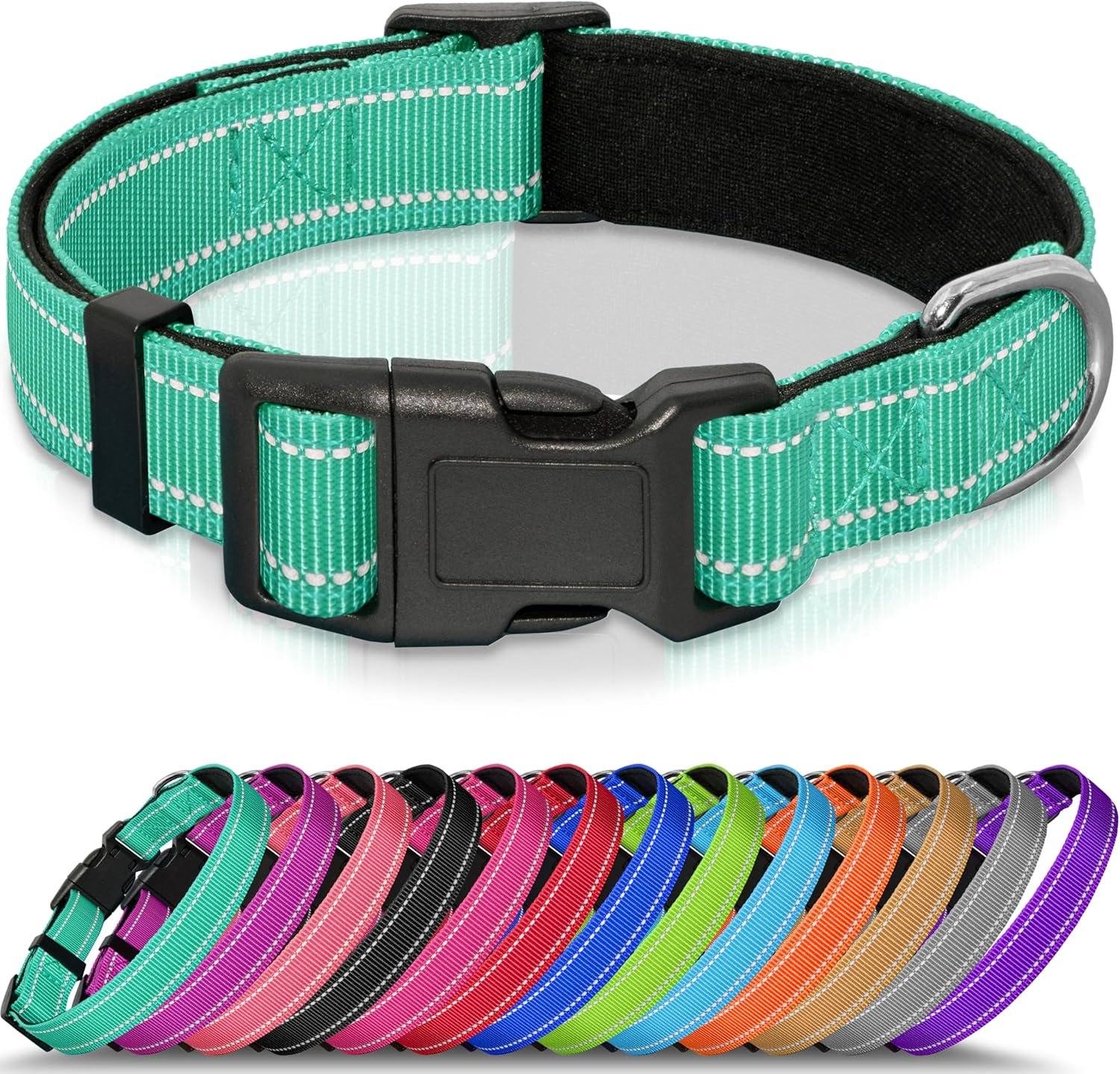 Seyezo Reflective Dog Collar, Soft Neoprene Padded Pet Collar for Small, Medium, Large Dogs, Adjustable Puppy Collars with Quick Release Buckle, Safe Breathable Nylon Dog Collars for Puppies(Teal,S)